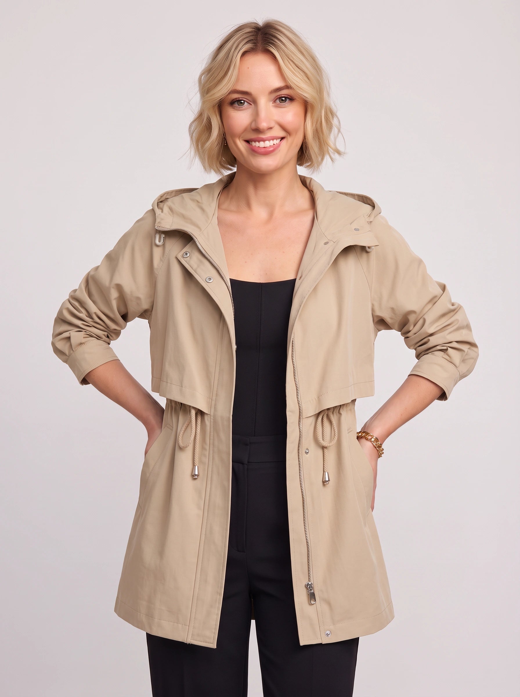 Cordway Hooded Utility Parka Jacket – Drawstring Waist Women Outerwear Casual Everyday Longline Parka