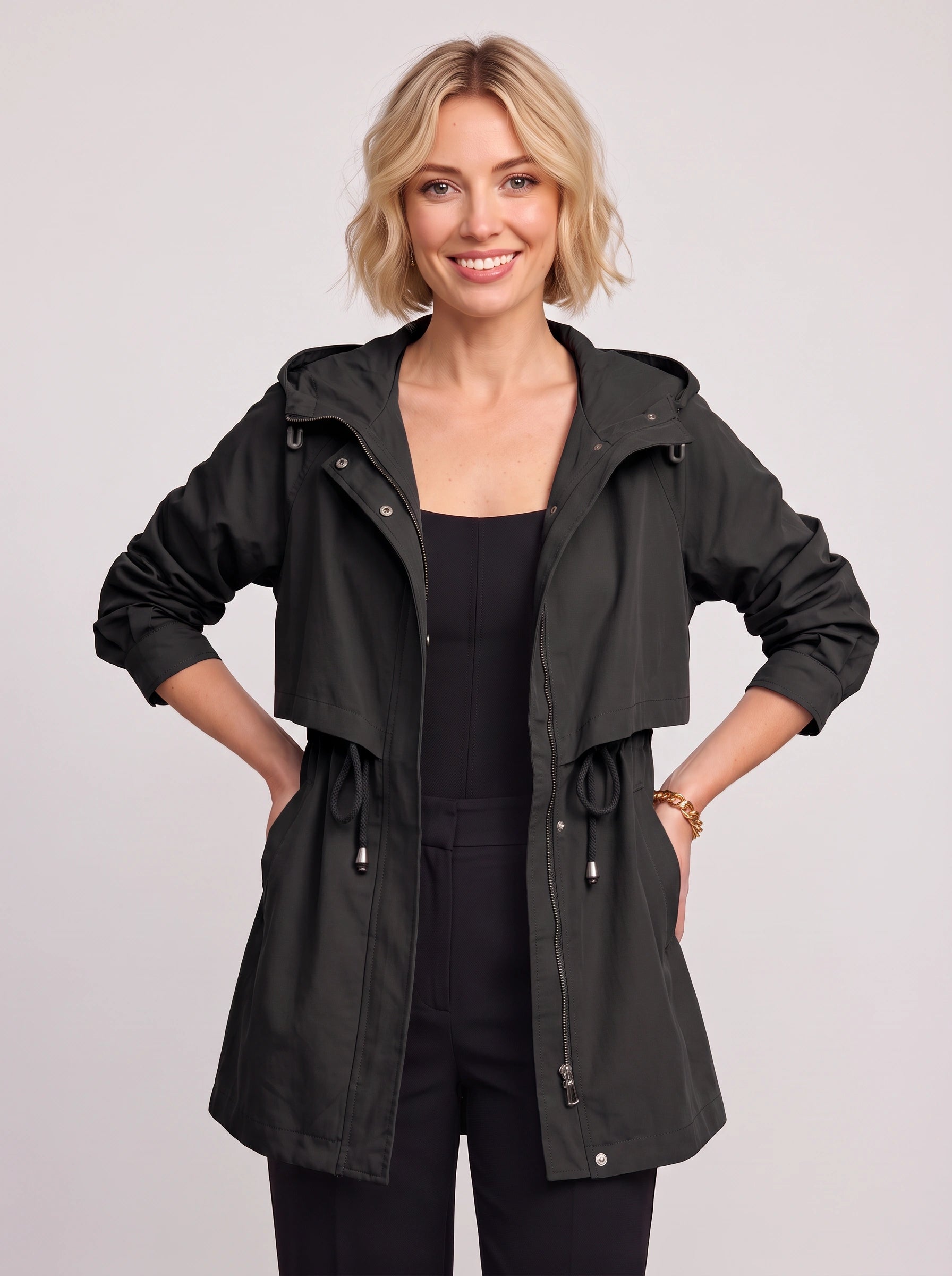 Cordway Hooded Utility Parka Jacket – Drawstring Waist Women Outerwear Casual Everyday Longline Parka