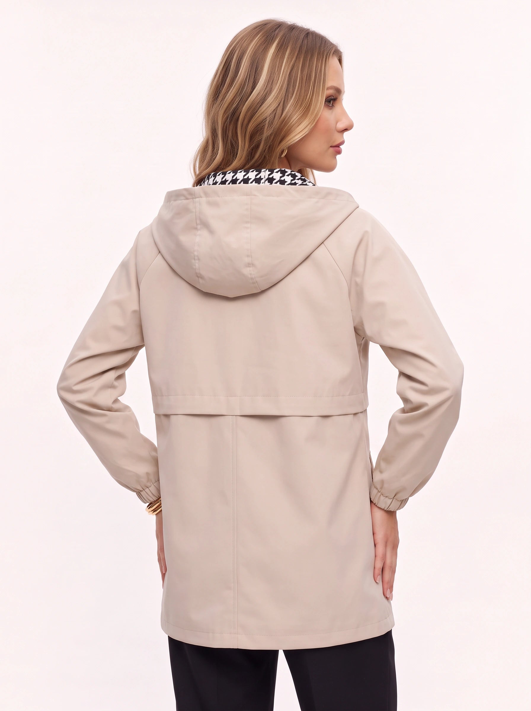 Capelux Hooded Reversible Trench Jacket – Women Houndstooth Detachable Collar Longline Casual Outerwear Jacket
