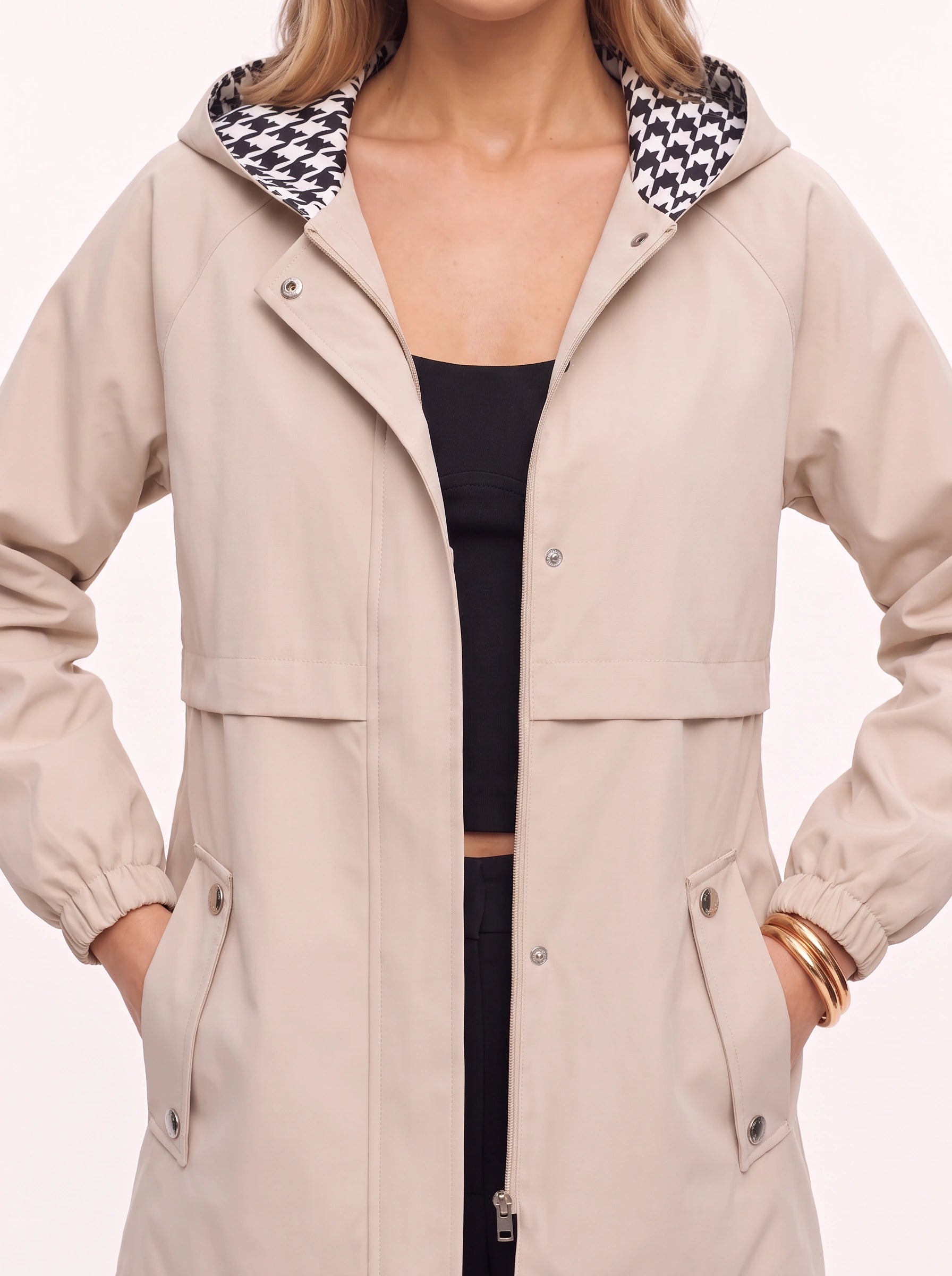 Capelux Hooded Reversible Trench Jacket – Women Houndstooth Detachable Collar Longline Casual Outerwear Jacket