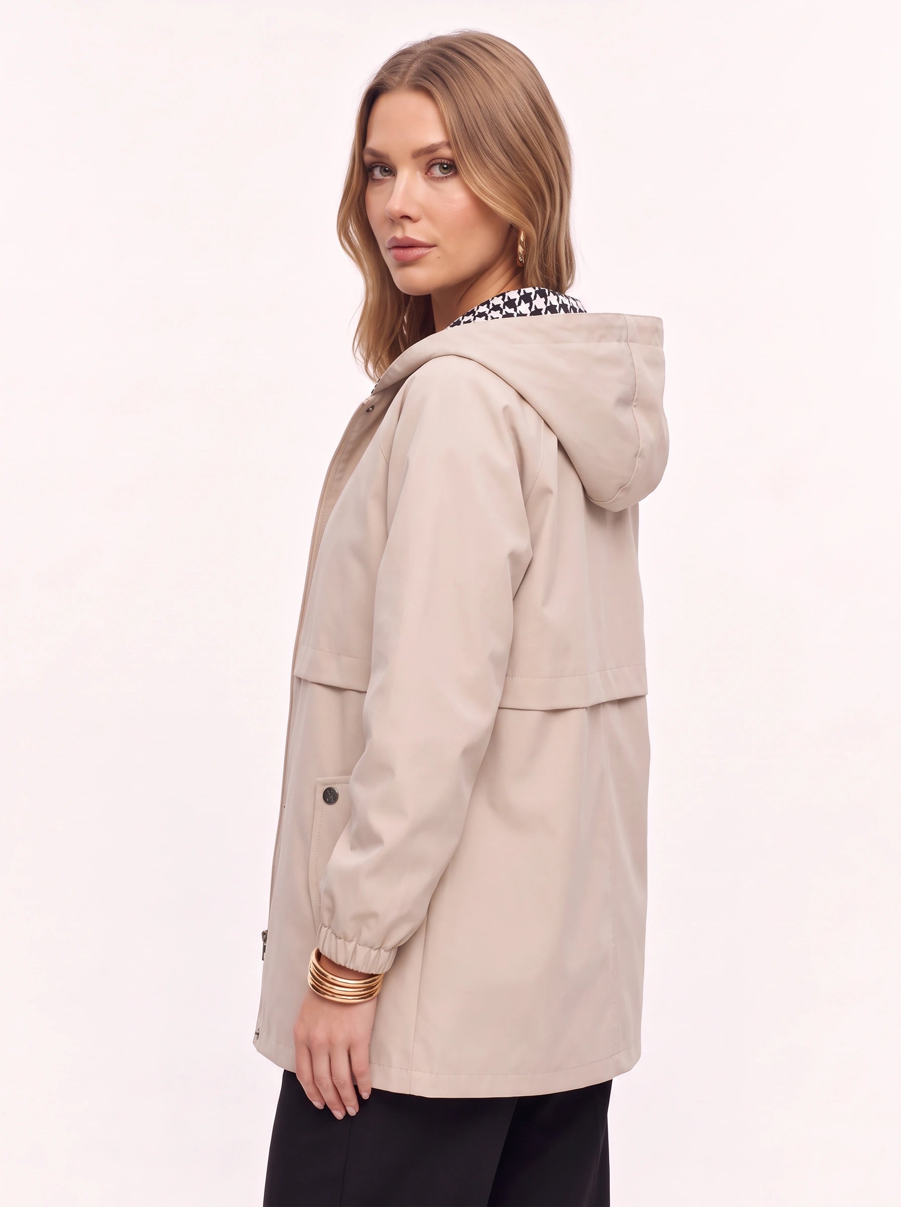 Capelux Hooded Reversible Trench Jacket – Women Houndstooth Detachable Collar Longline Casual Outerwear Jacket