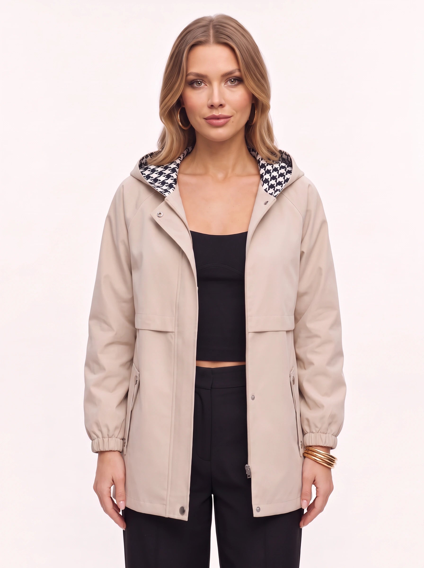 Capelux Hooded Reversible Trench Jacket – Women Houndstooth Detachable Collar Longline Casual Outerwear Jacket