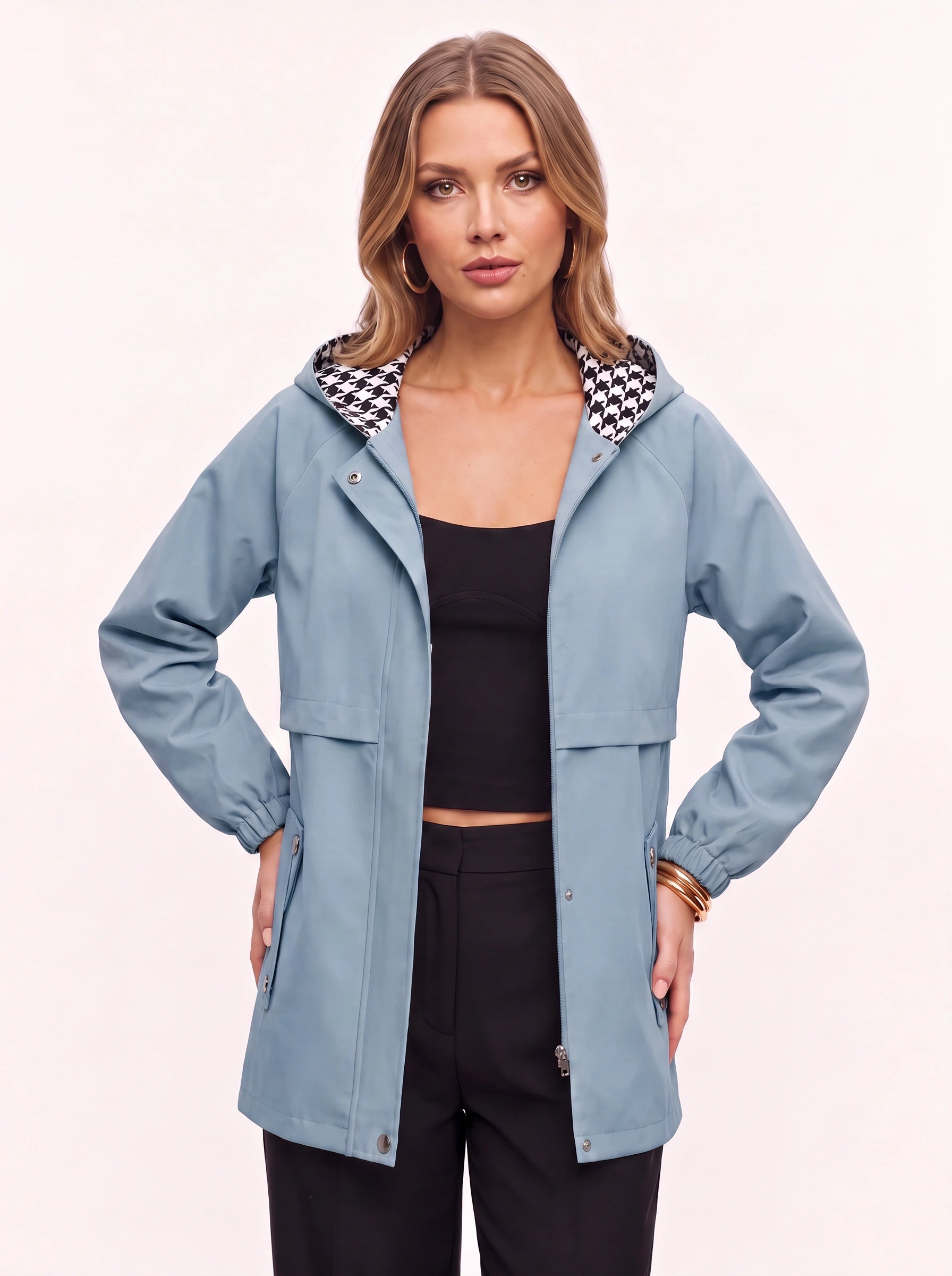 Capelux Hooded Reversible Trench Jacket – Women Houndstooth Detachable Collar Longline Casual Outerwear Jacket