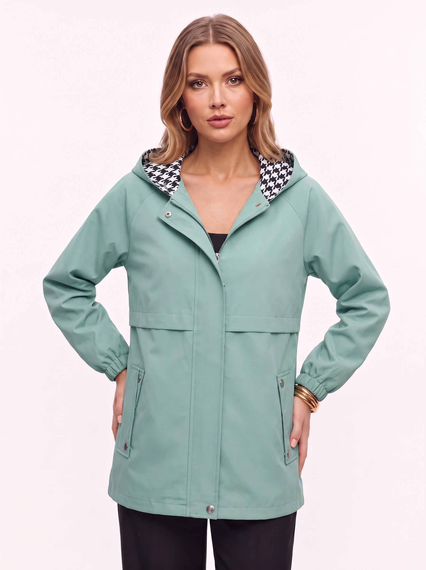 Capelux Hooded Reversible Trench Jacket – Women Houndstooth Detachable Collar Longline Casual Outerwear Jacket