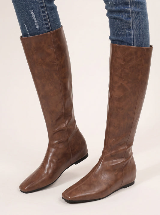 Torvell Knee-High Flat Boots – Women Leather Square Toe Knee High Boots Chelsea Streetwear Casual