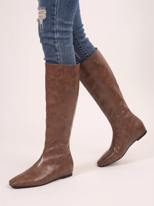 Torvell Knee-High Flat Boots – Women Leather Square Toe Knee High Boots Chelsea Streetwear Casual