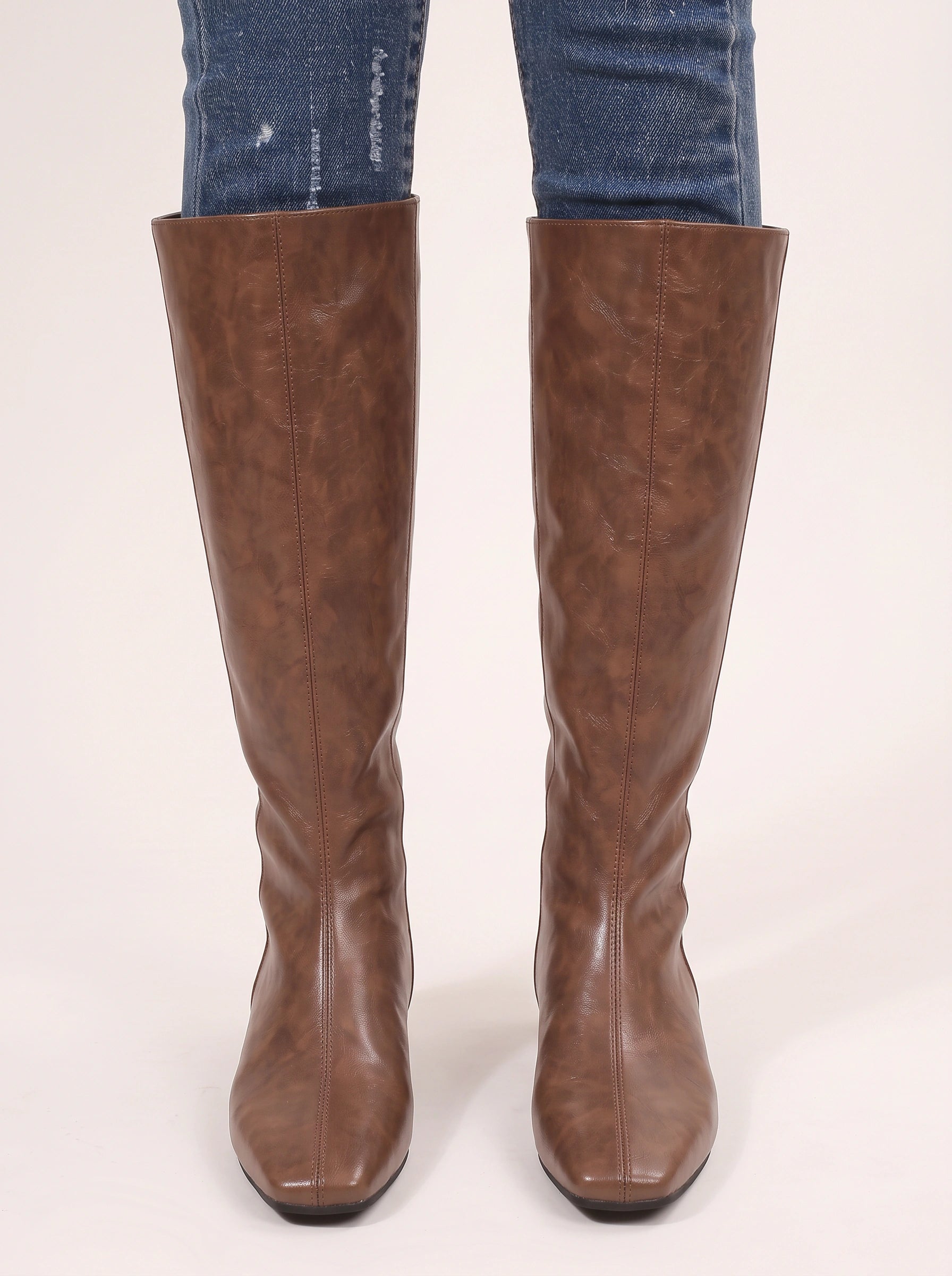 Torvell Knee-High Flat Boots – Women Leather Square Toe Knee High Boots Chelsea Streetwear Casual