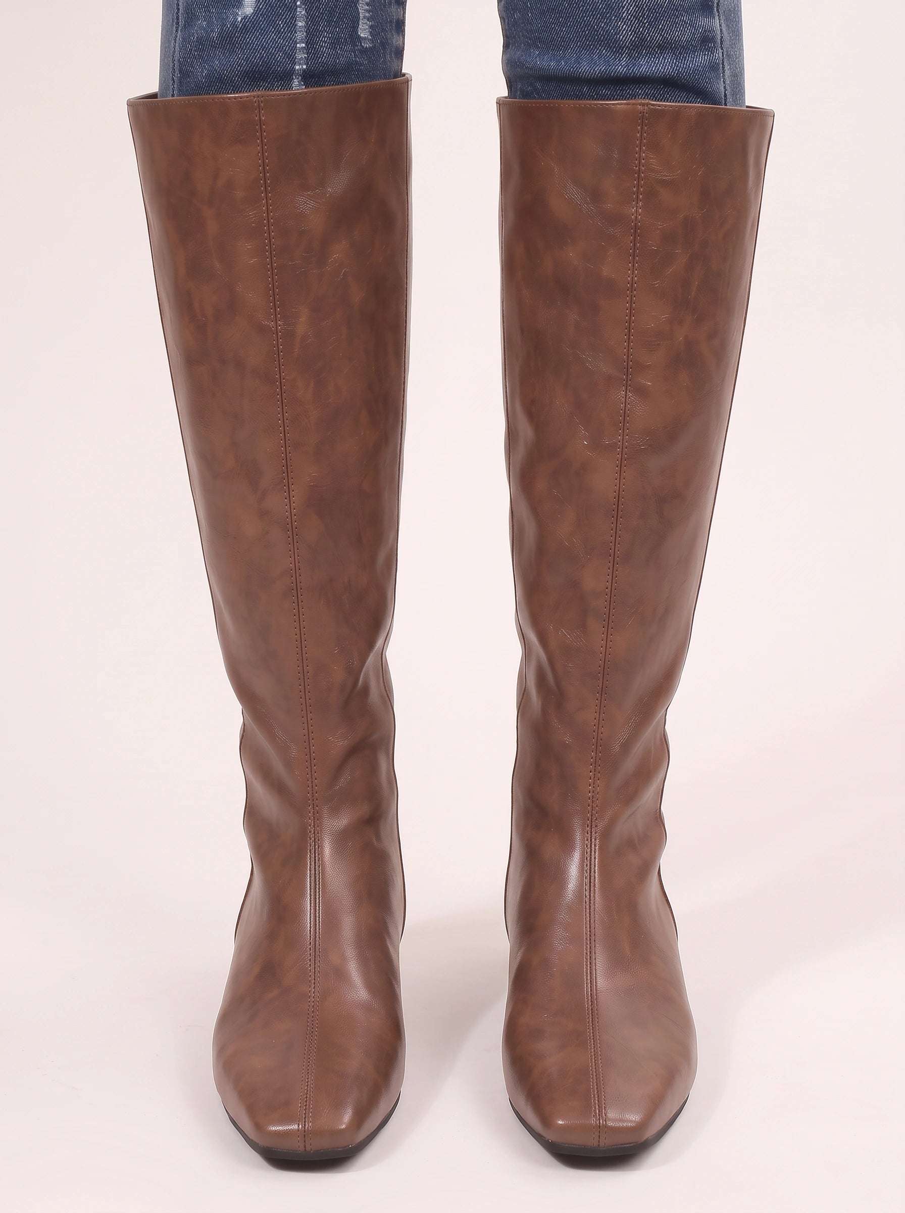 Torvell Knee-High Flat Boots – Women Leather Square Toe Knee High Boots Chelsea Streetwear Casual