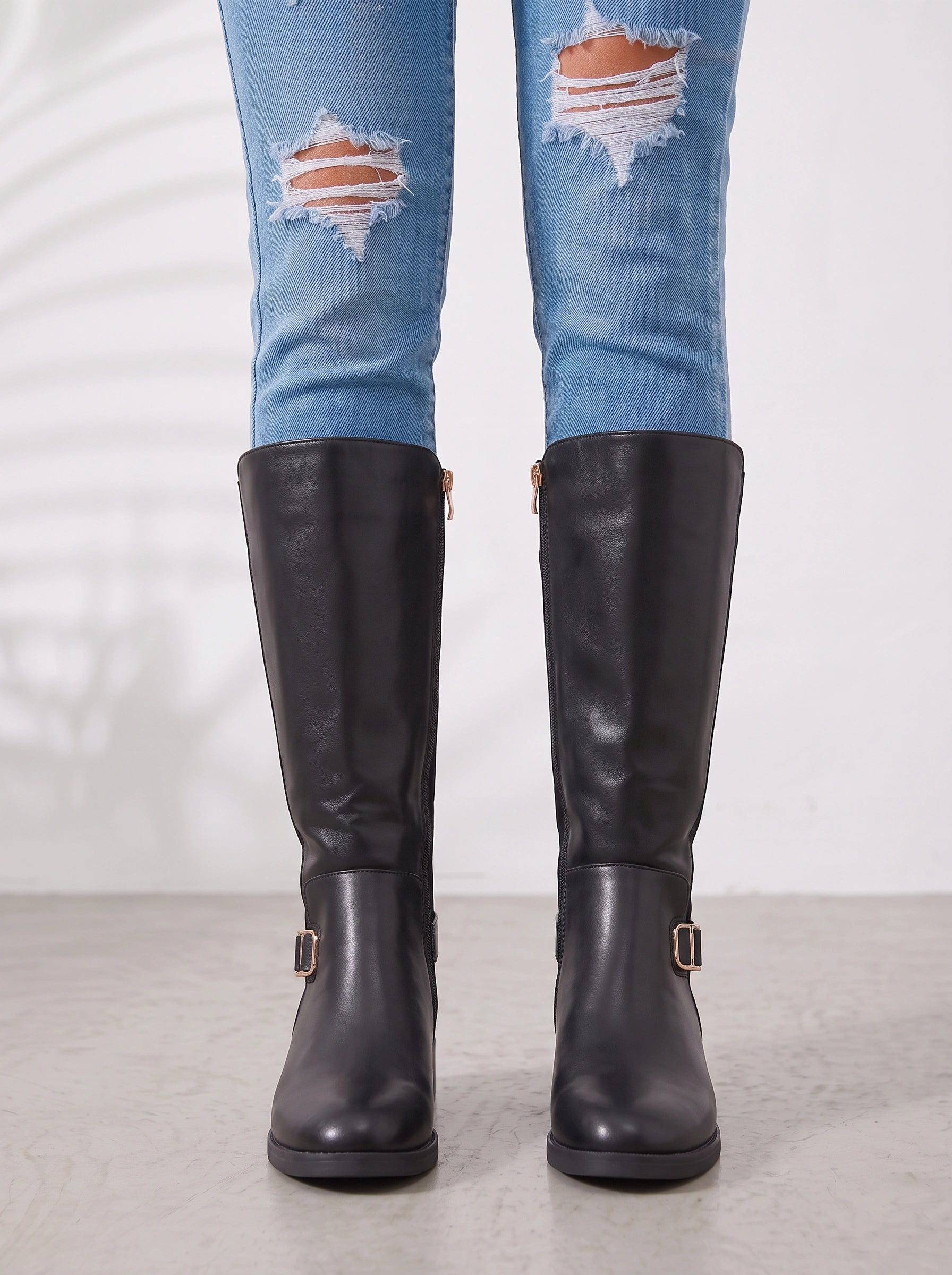 Ridgewick Knee High Boots – Women Boots Knee High Equestrian Riding Buckle Strap Side Zip Fall Winter Boots