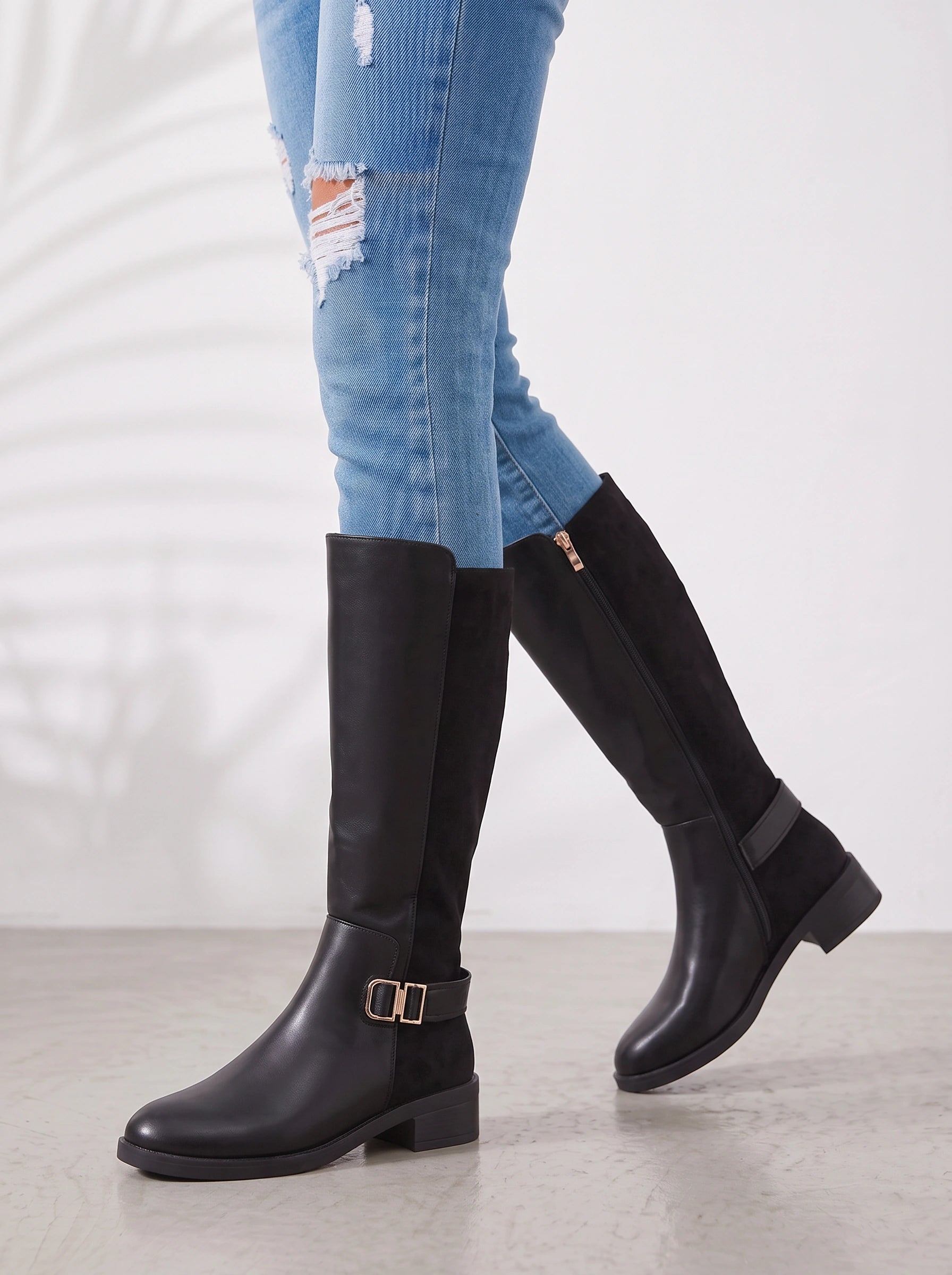 Ridgewick Knee High Boots – Women Boots Knee High Equestrian Riding Buckle Strap Side Zip Fall Winter Boots