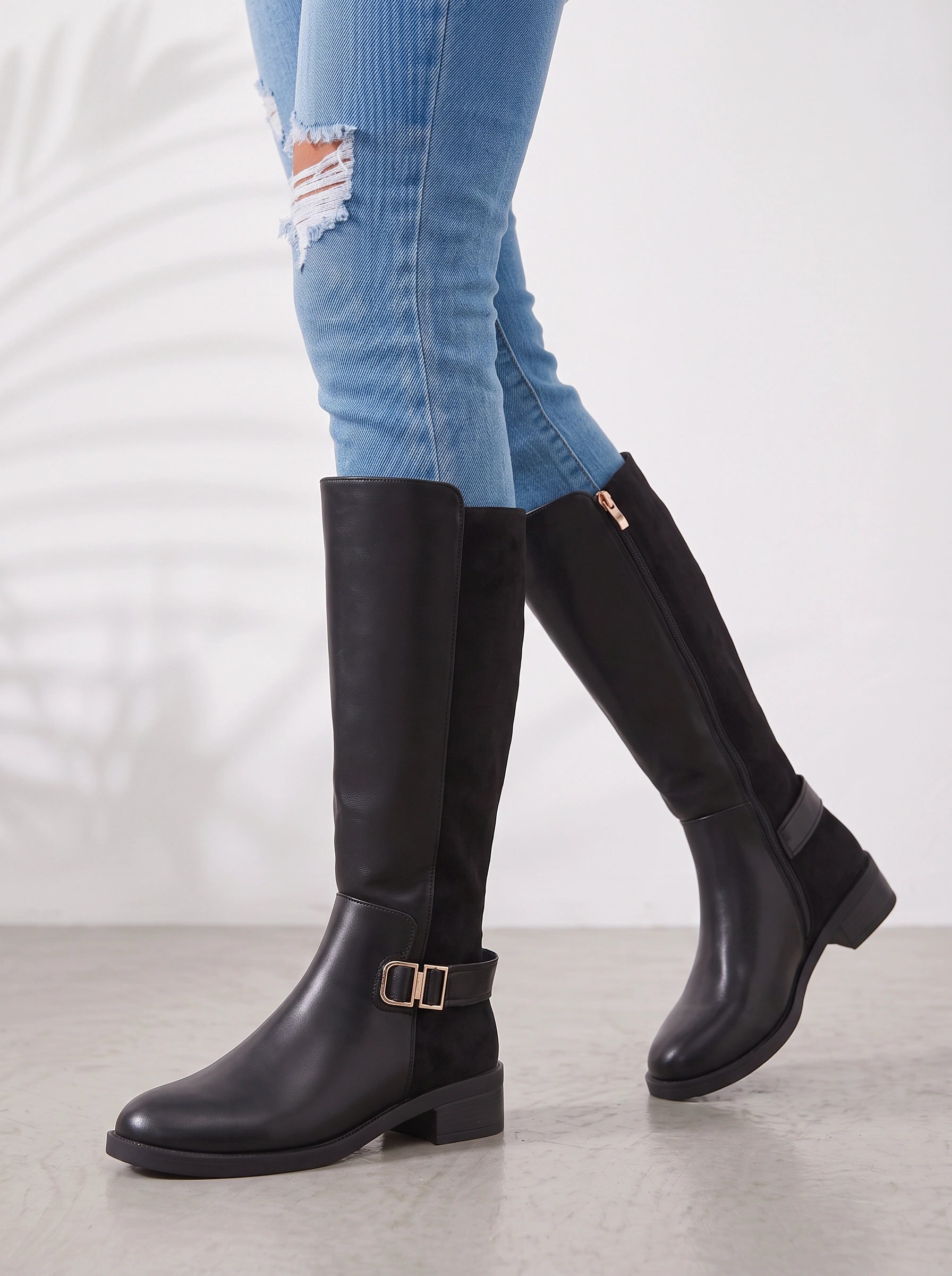 Ridgewick Knee High Boots – Women Boots Knee High Equestrian Riding Buckle Strap Side Zip Fall Winter Boots