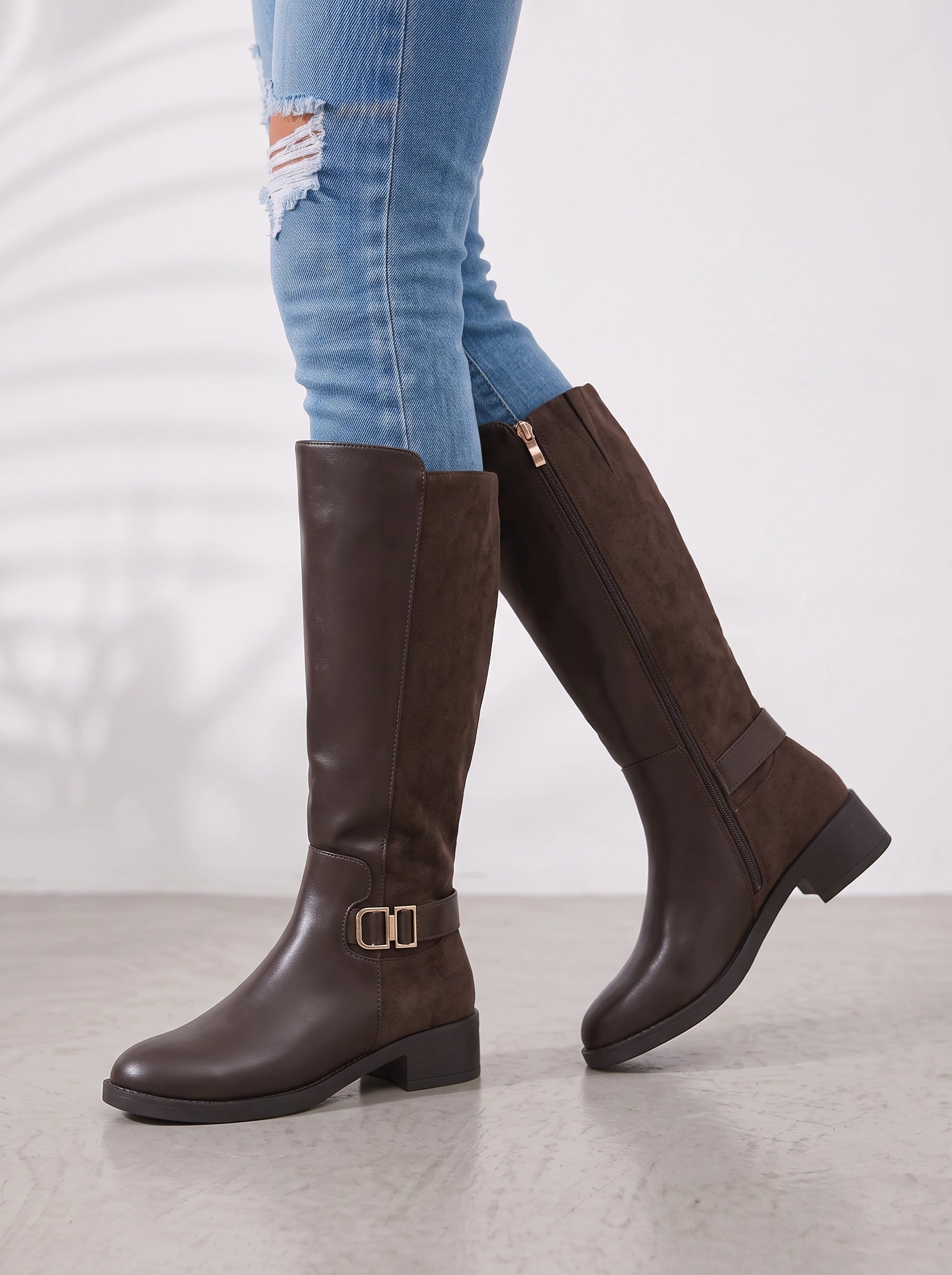 Ridgewick Knee High Boots – Women Boots Knee High Equestrian Riding Buckle Strap Side Zip Fall Winter Boots