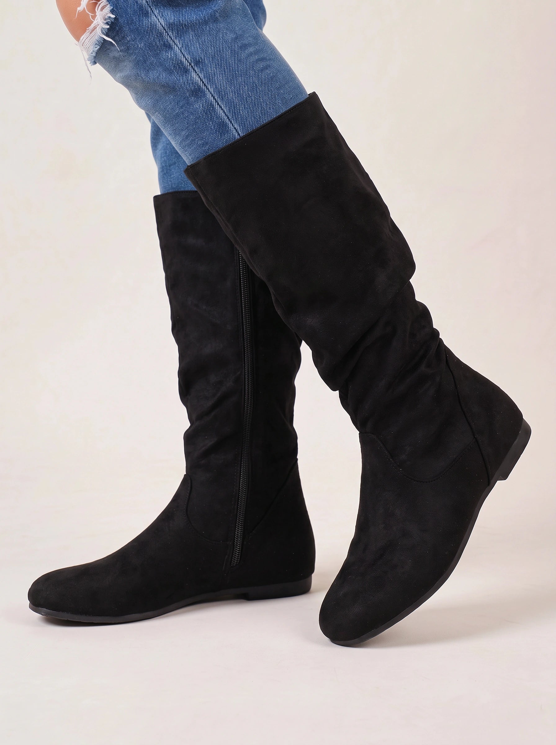 Slohra Slouchy Knee-High Flat Boots – Women Faux Suede Side Zip Casual Fall Winter Knee-High Boots