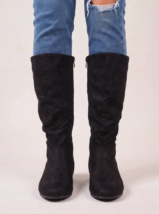 Slohra Slouchy Knee-High Flat Boots – Women Faux Suede Side Zip Casual Fall Winter Knee-High Boots