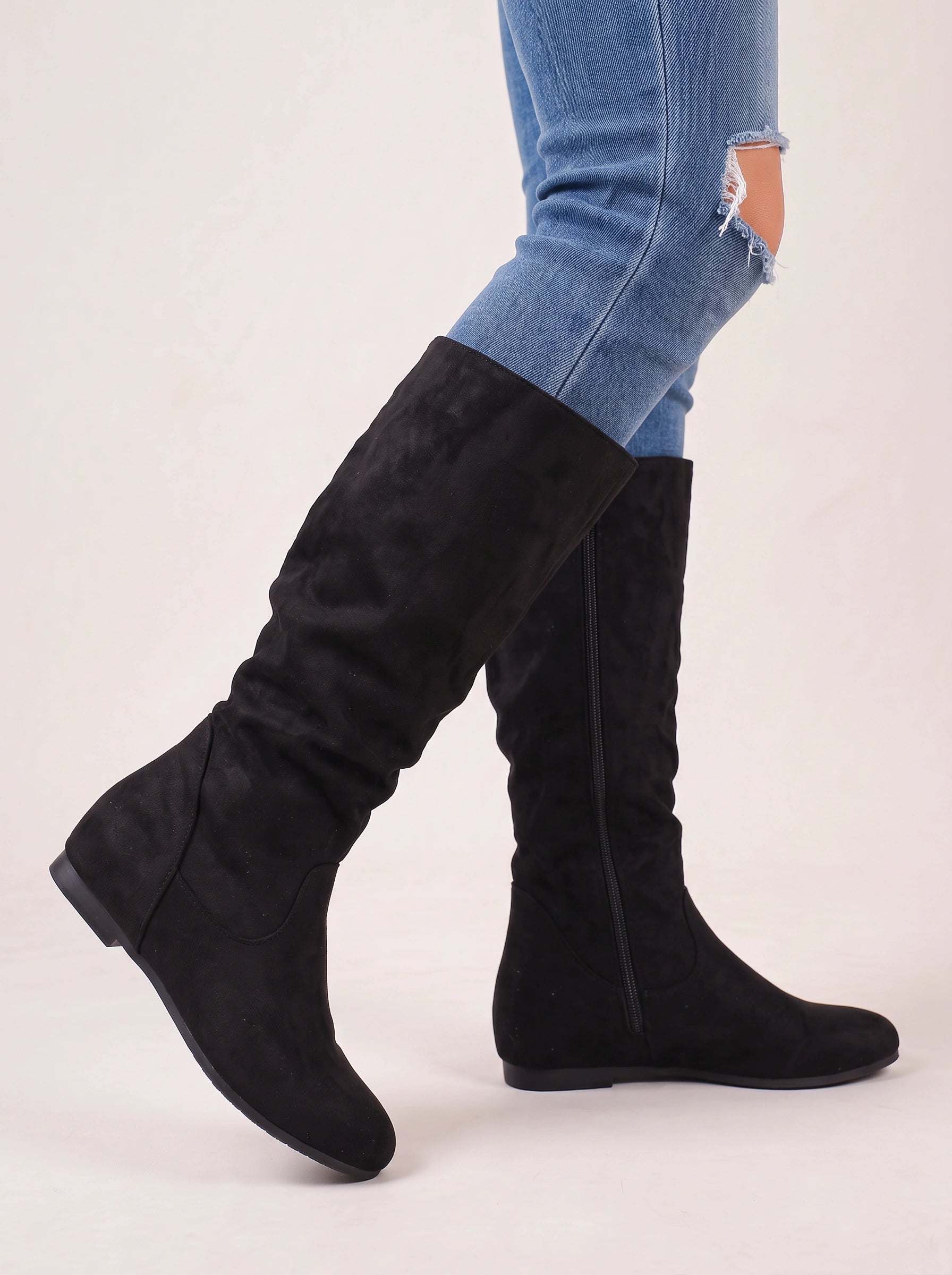 Slohra Slouchy Knee-High Flat Boots – Women Faux Suede Side Zip Casual Fall Winter Knee-High Boots