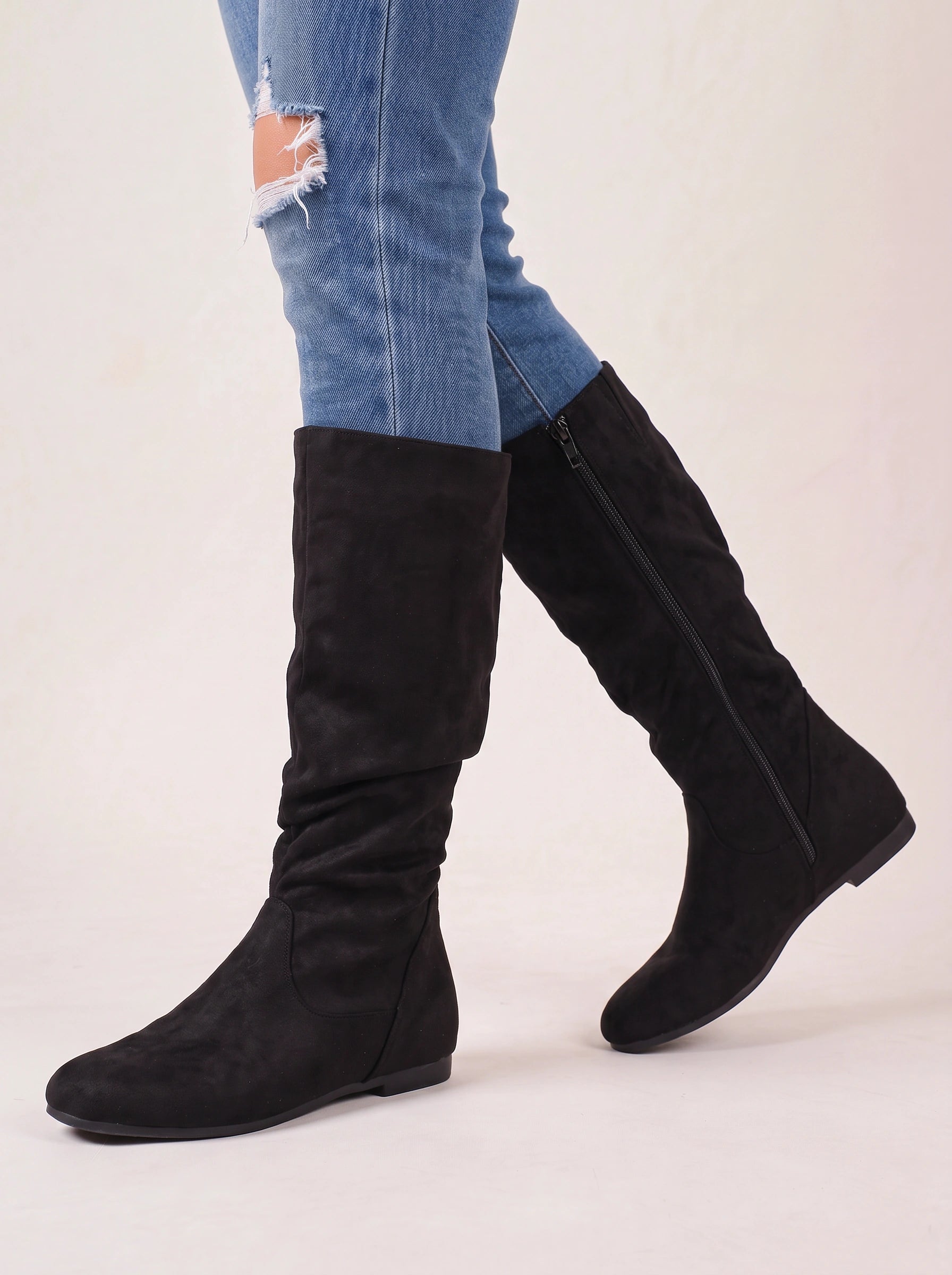 Slohra Slouchy Knee-High Flat Boots – Women Faux Suede Side Zip Casual Fall Winter Knee-High Boots