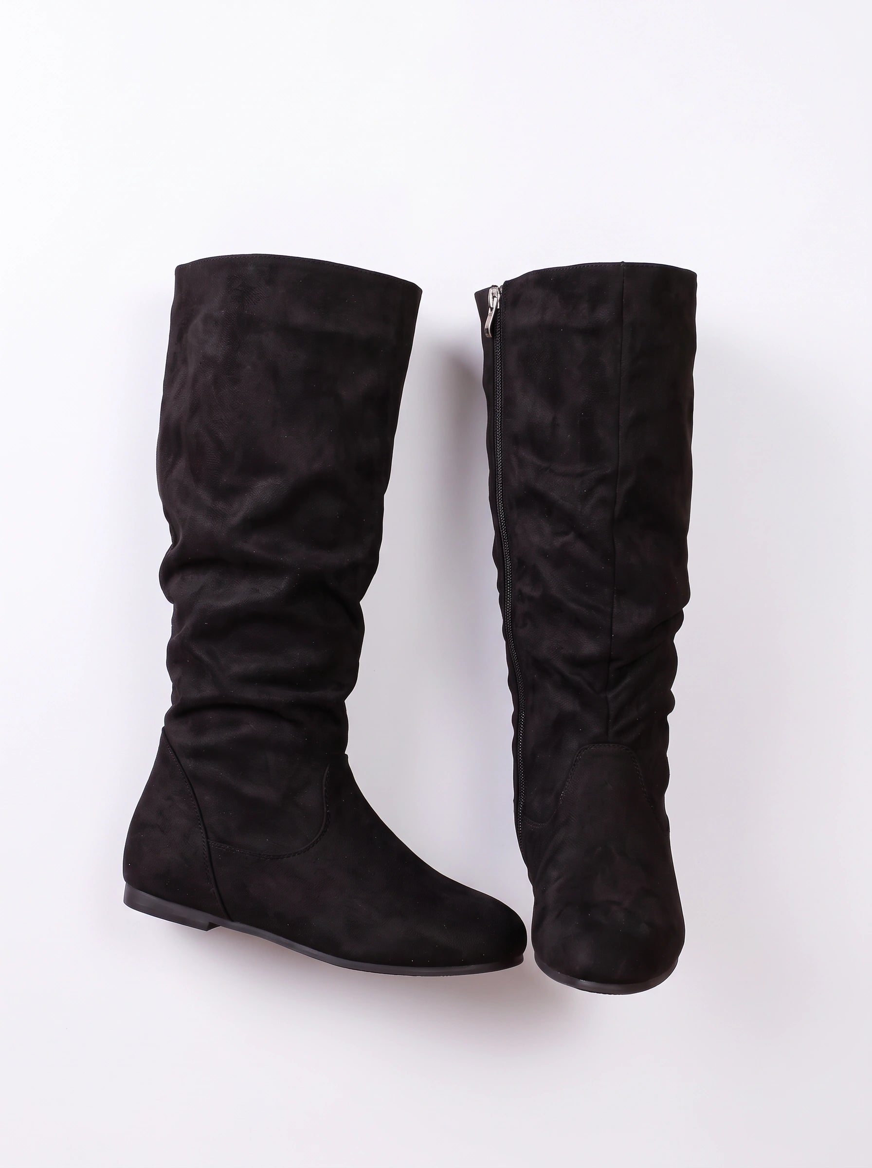 Slohra Slouchy Knee-High Flat Boots – Women Faux Suede Side Zip Casual Fall Winter Knee-High Boots