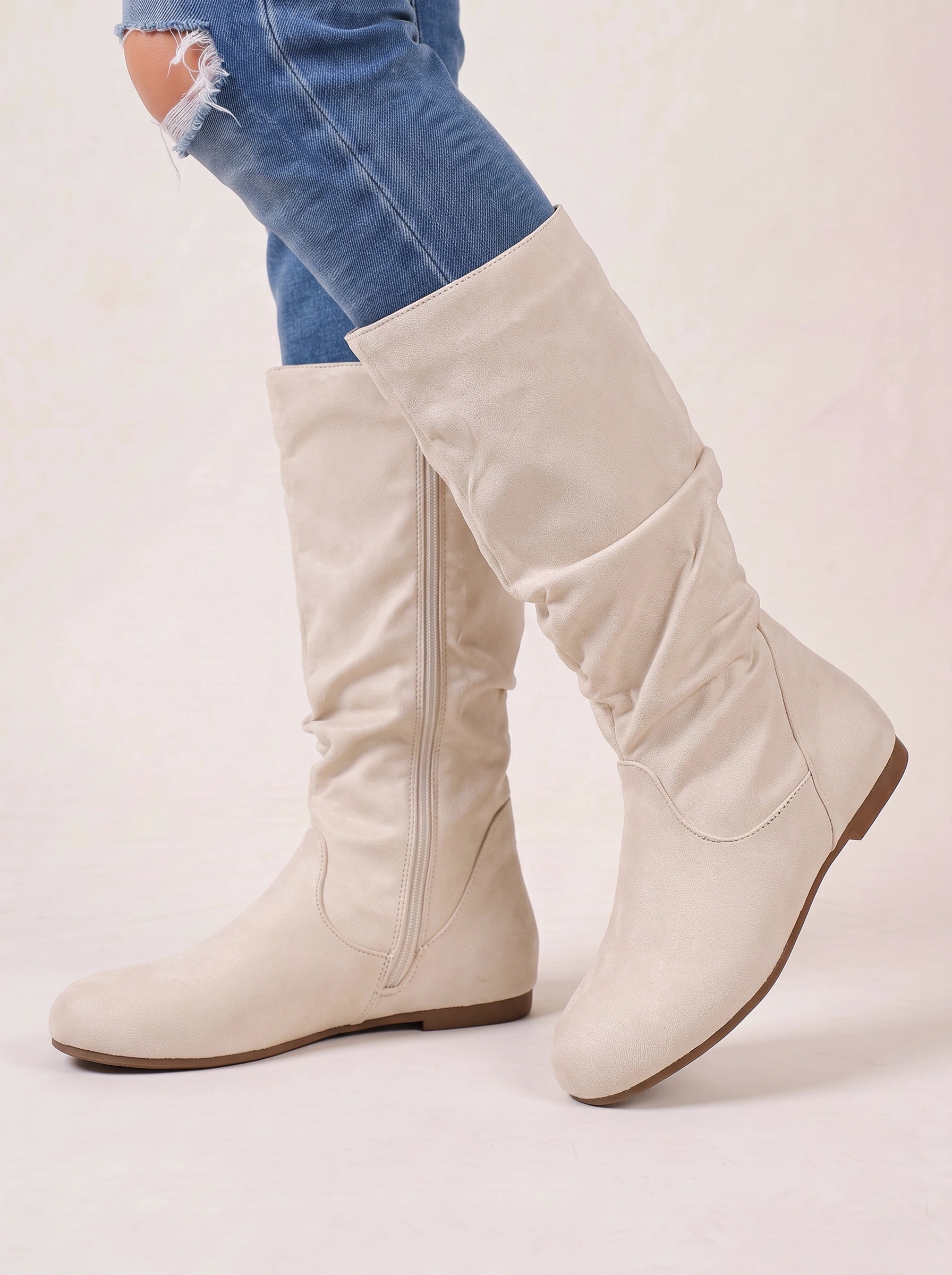 Slohra Slouchy Knee-High Flat Boots – Women Faux Suede Side Zip Casual Fall Winter Knee-High Boots