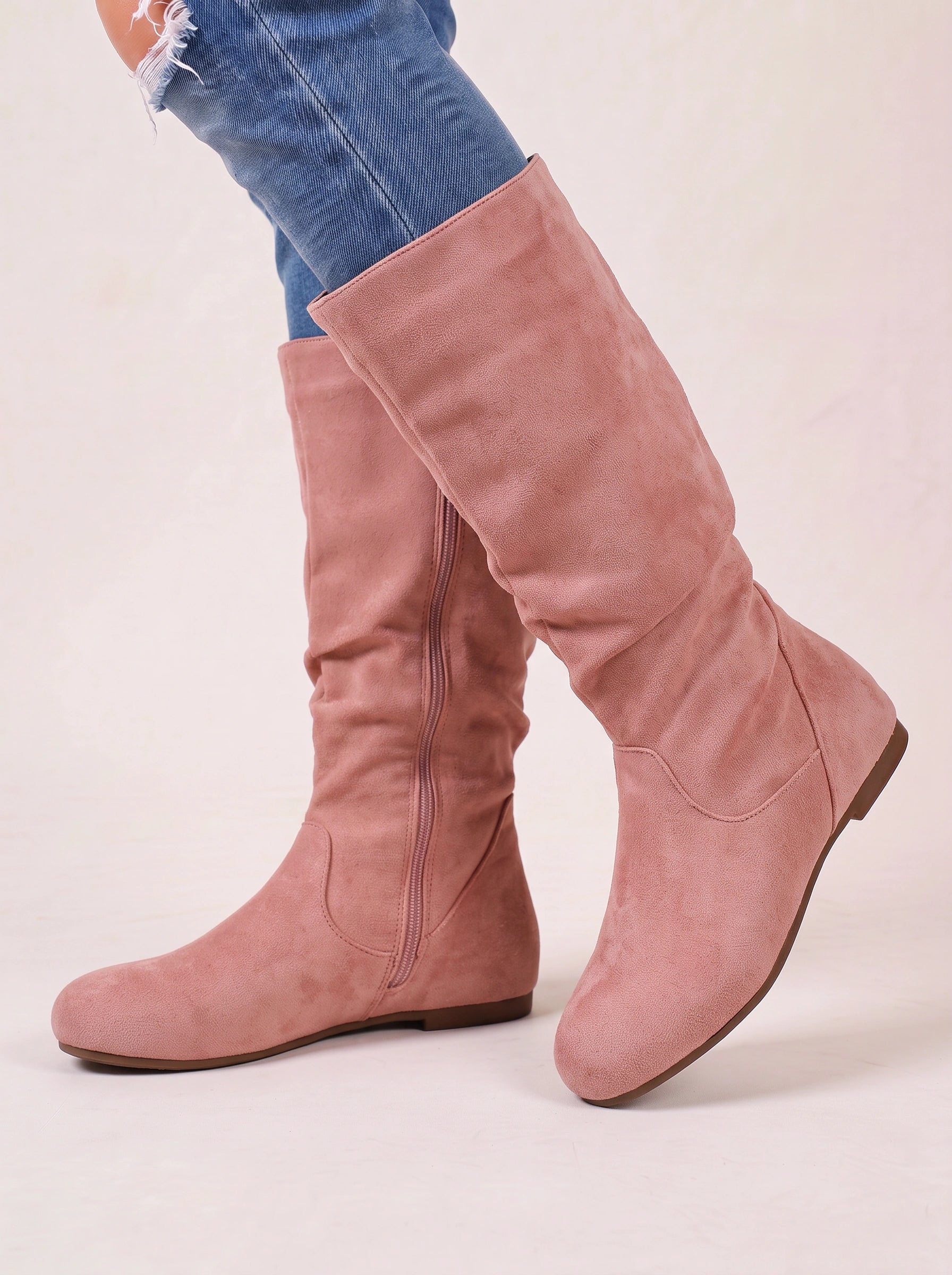 Slohra Slouchy Knee-High Flat Boots – Women Faux Suede Side Zip Casual Fall Winter Knee-High Boots