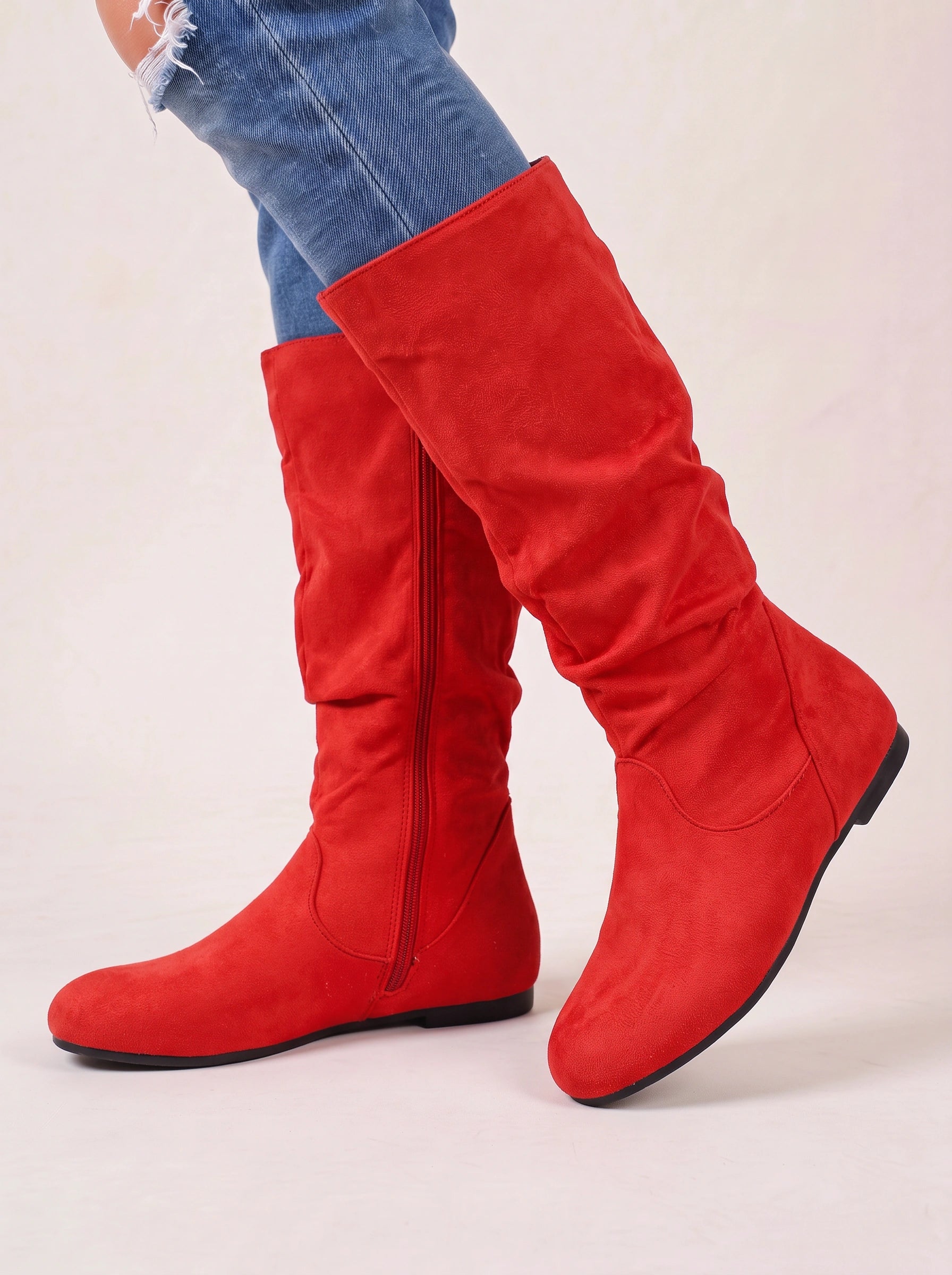 Slohra Slouchy Knee-High Flat Boots – Women Faux Suede Side Zip Casual Fall Winter Knee-High Boots