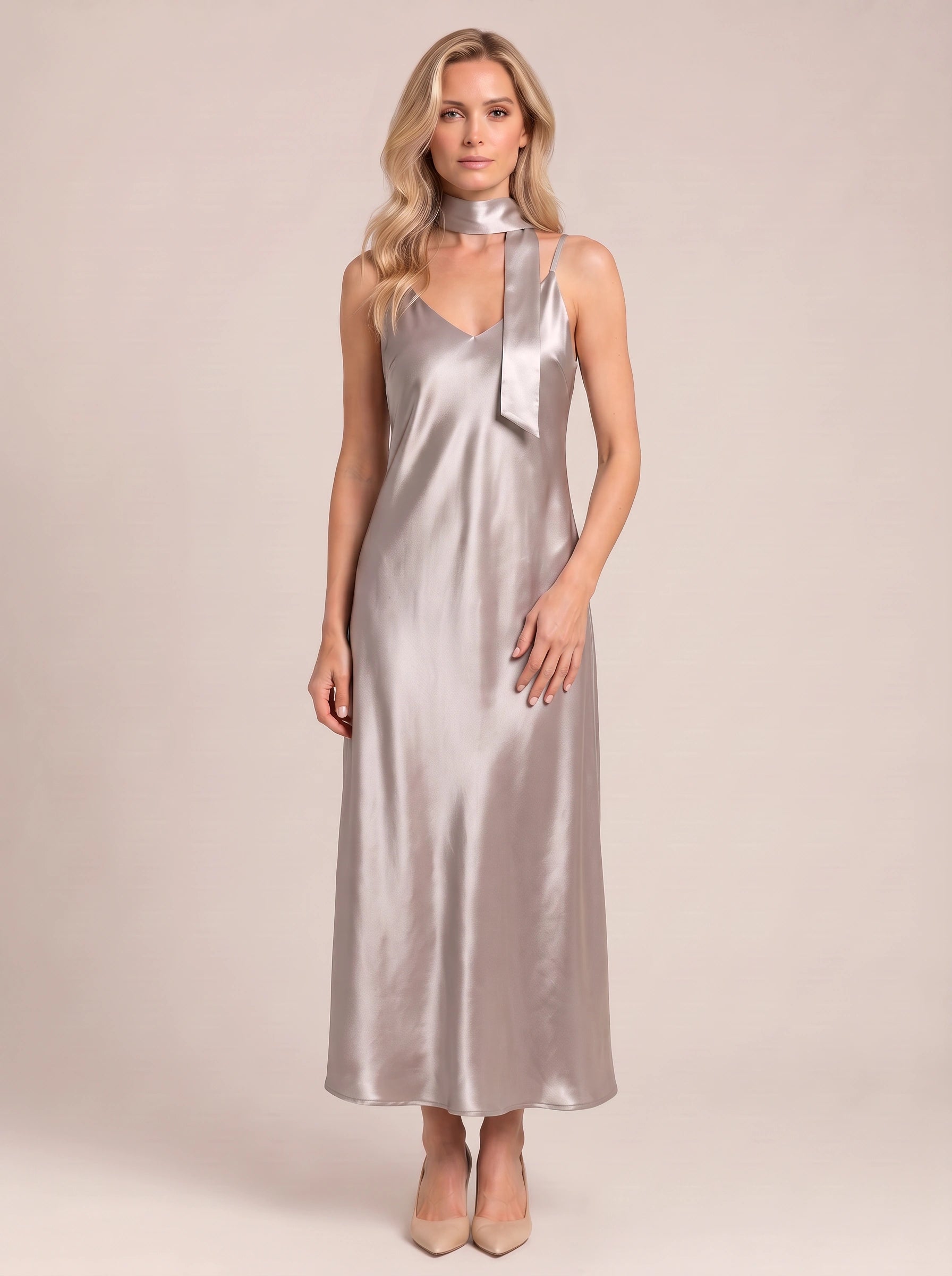 Sciarpa Satin Tie-Neck Maxi Dress – Maxi Dress Women Formal Wedding Guest Evening Party Slip Maxi Dress