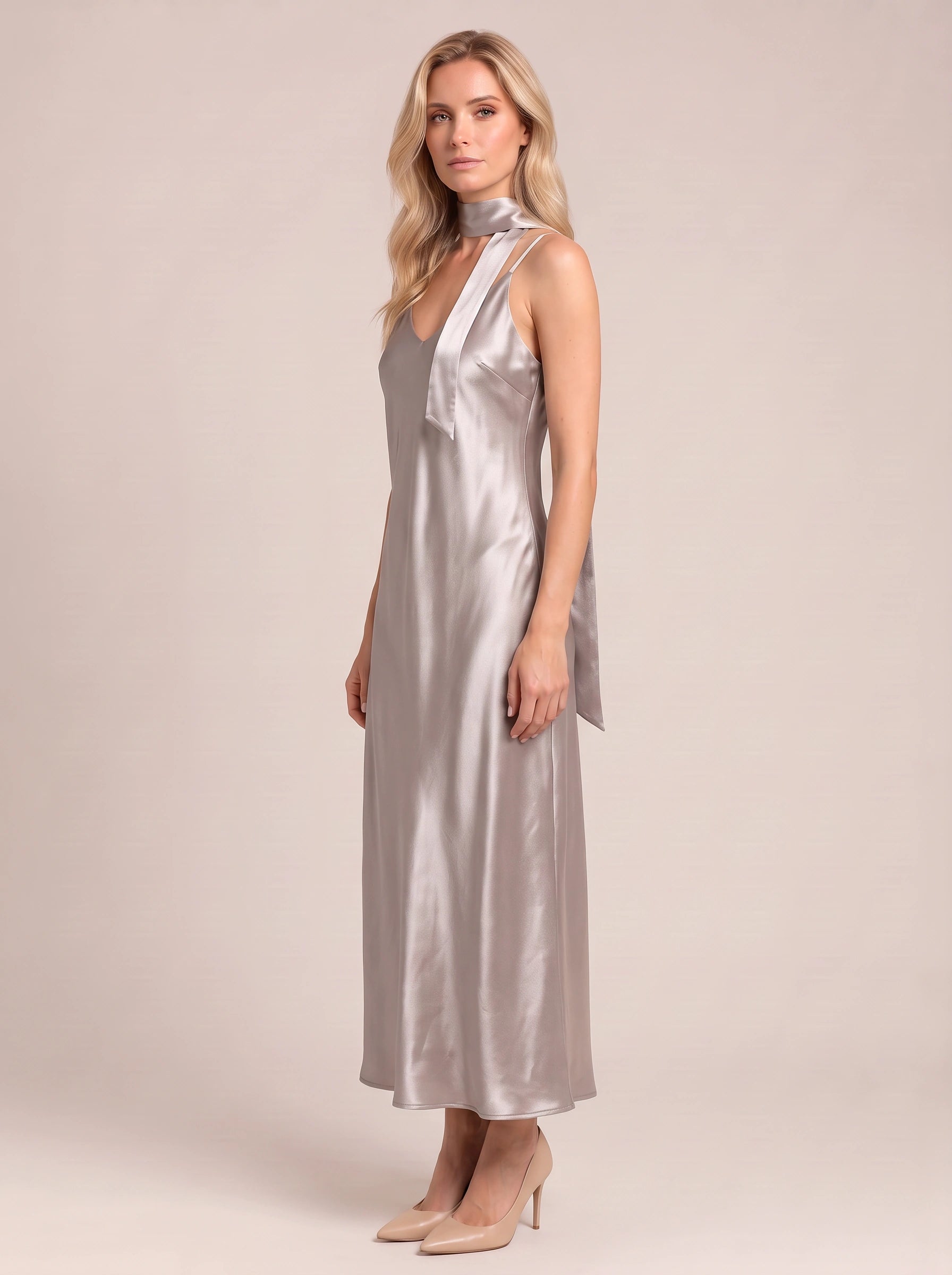 Sciarpa Satin Tie-Neck Maxi Dress – Maxi Dress Women Formal Wedding Guest Evening Party Slip Maxi Dress
