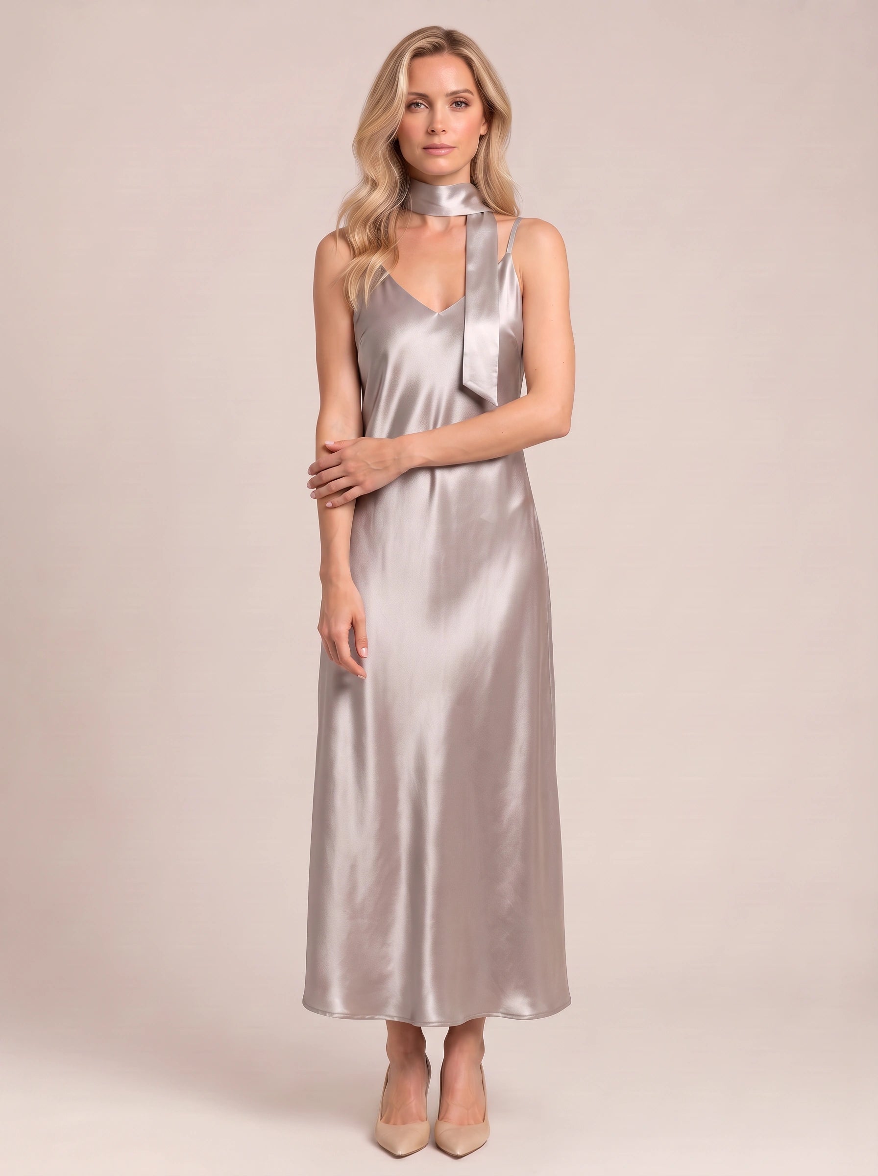 Sciarpa Satin Tie-Neck Maxi Dress – Maxi Dress Women Formal Wedding Guest Evening Party Slip Maxi Dress