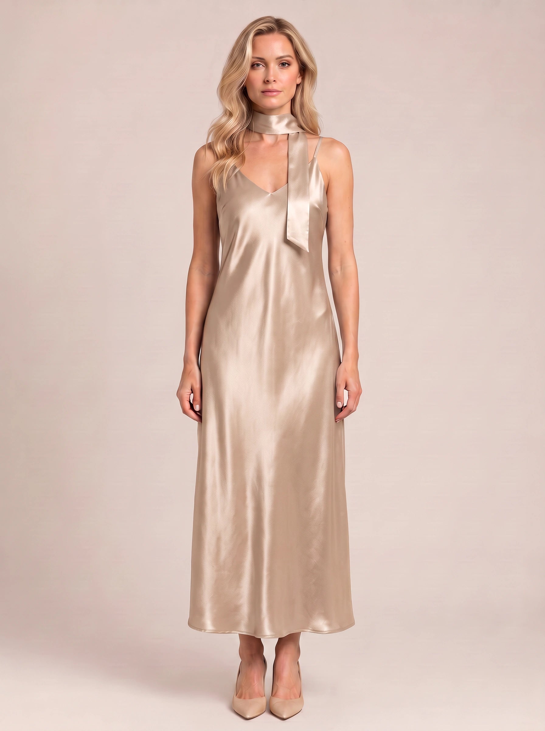 Sciarpa Satin Tie-Neck Maxi Dress – Maxi Dress Women Formal Wedding Guest Evening Party Slip Maxi Dress