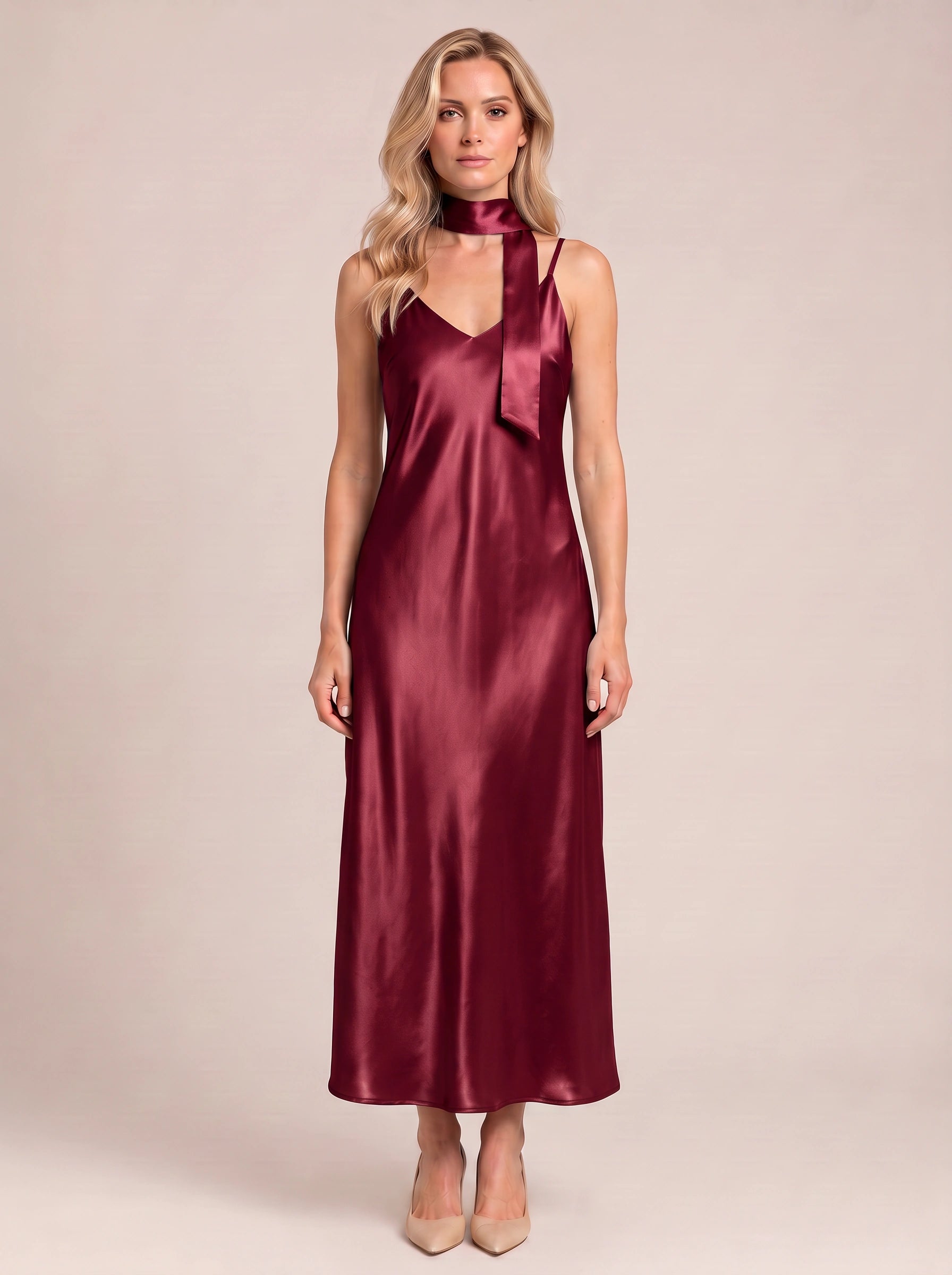 Sciarpa Satin Tie-Neck Maxi Dress – Maxi Dress Women Formal Wedding Guest Evening Party Slip Maxi Dress