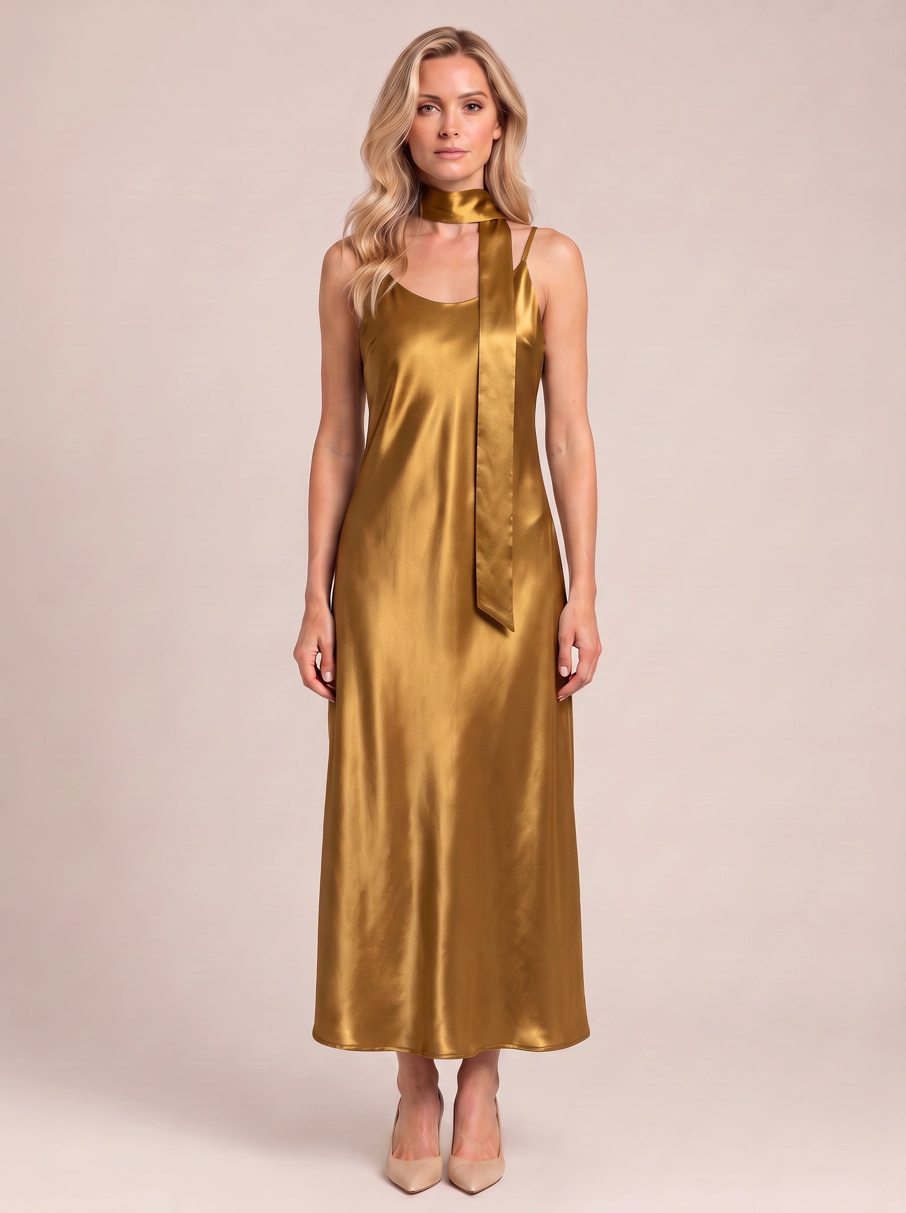 Sciarpa Satin Tie-Neck Maxi Dress – Maxi Dress Women Formal Wedding Guest Evening Party Slip Maxi Dress
