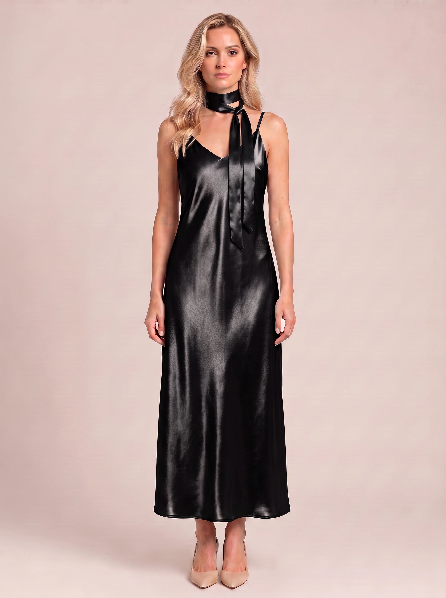 Sciarpa Satin Tie-Neck Maxi Dress – Maxi Dress Women Formal Wedding Guest Evening Party Slip Maxi Dress