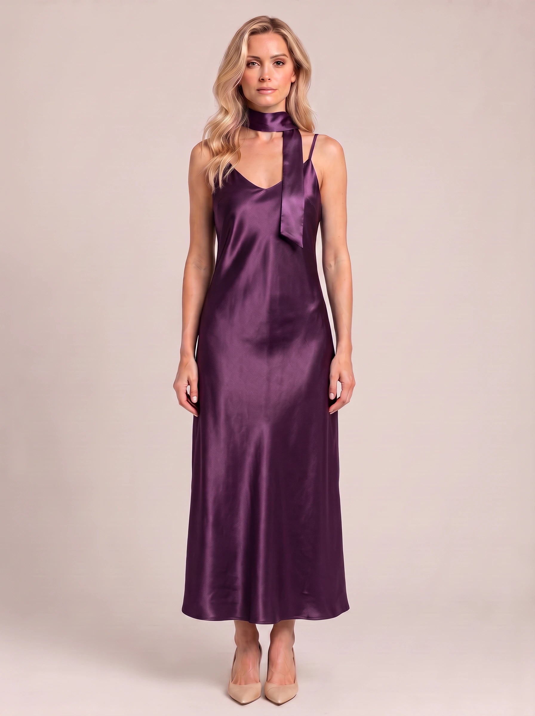 Sciarpa Satin Tie-Neck Maxi Dress – Maxi Dress Women Formal Wedding Guest Evening Party Slip Maxi Dress
