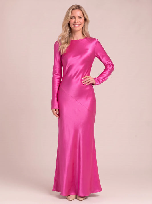Robe longue satinée à manches longues Fuchlis - robe longue élégante et habillée pour femme, idéale pour une invitée de mariage, automne, soirée