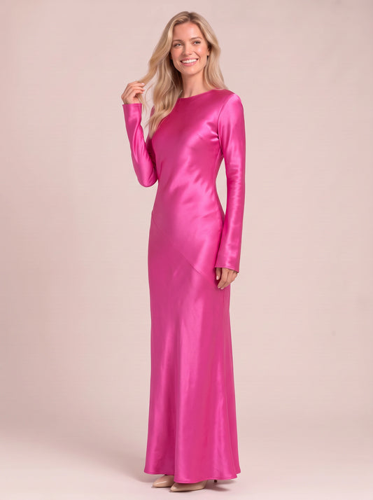 Robe longue satinée à manches longues Fuchlis - robe longue élégante et habillée pour femme, idéale pour une invitée de mariage, automne, soirée