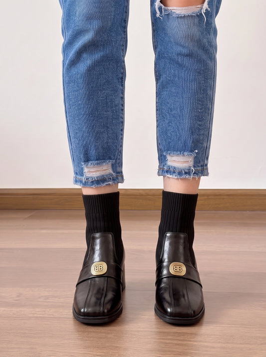 Bottines Destrati en cuir à boucle – Bottines Chelsea pour femme, talon plat, cuir imperméable, style équestre