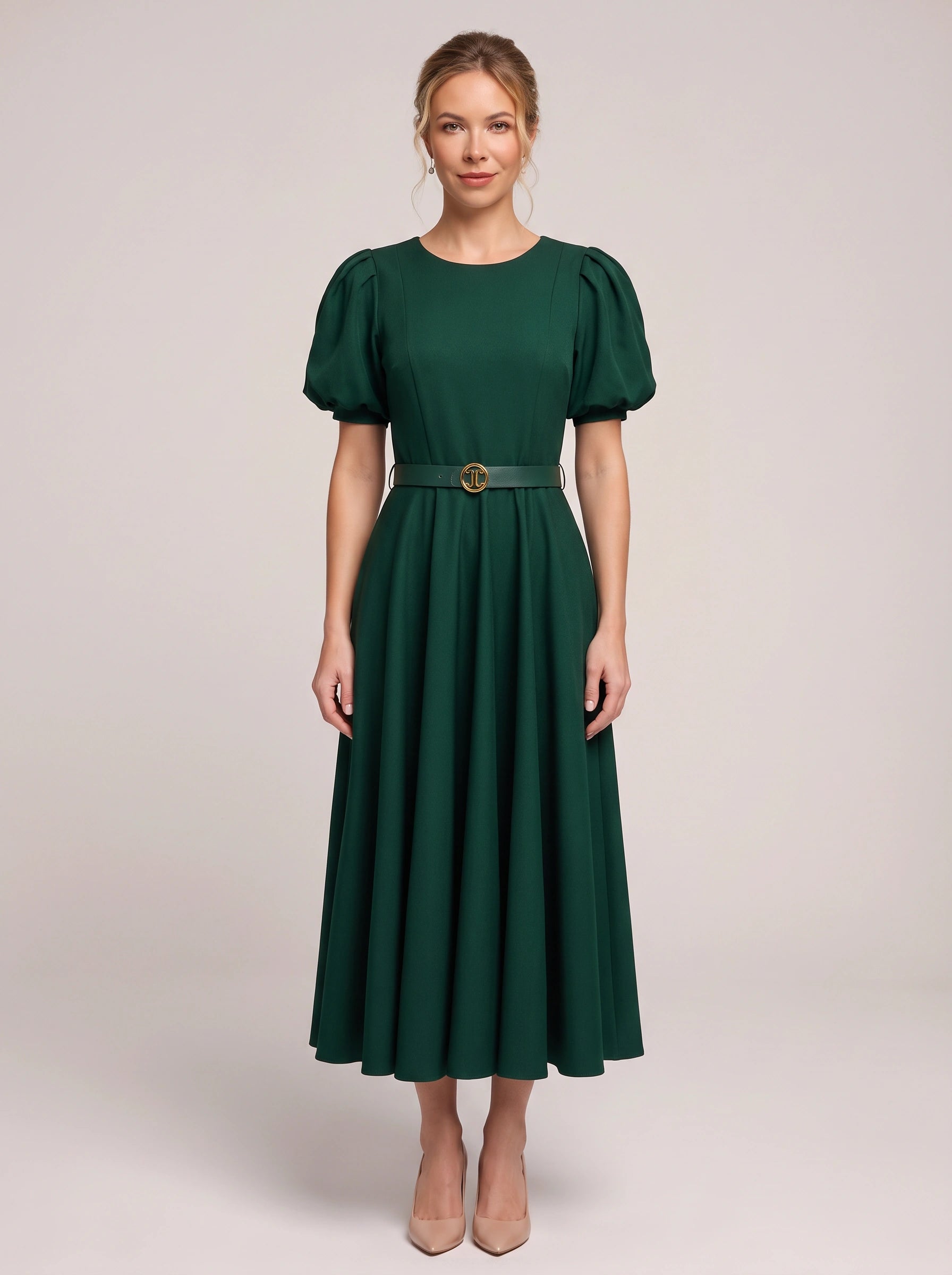Bomante Puff Sleeve Belted Midi Dress – Women Formal Cocktail Wedding Guest Elegant A-Line Midi Dress