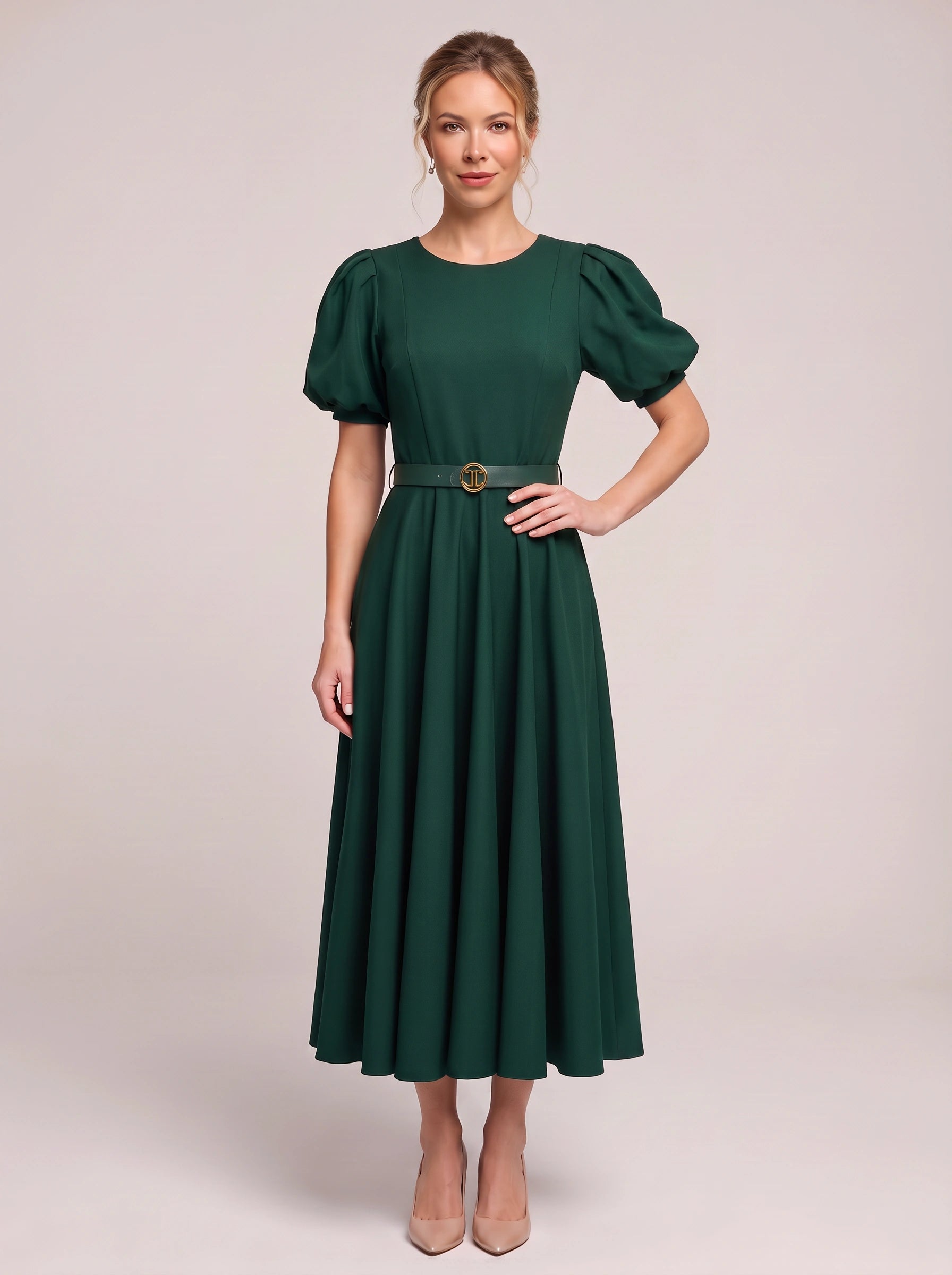 Bomante Puff Sleeve Belted Midi Dress – Women Formal Cocktail Wedding Guest Elegant A-Line Midi Dress