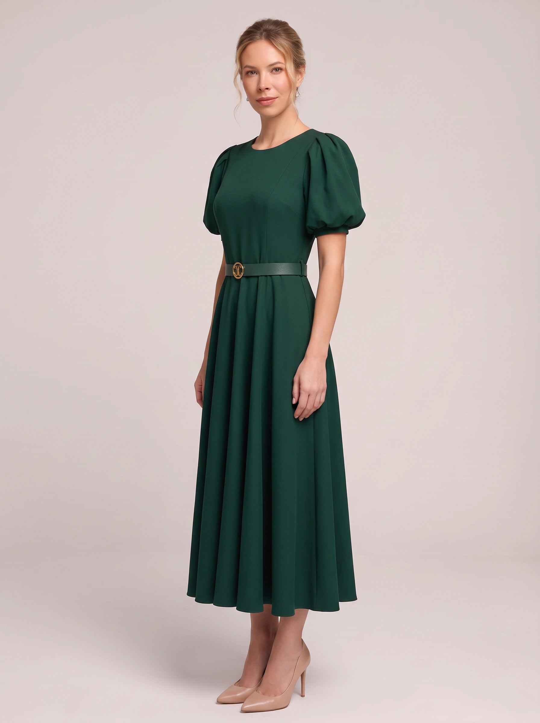 Bomante Puff Sleeve Belted Midi Dress – Women Formal Cocktail Wedding Guest Elegant A-Line Midi Dress