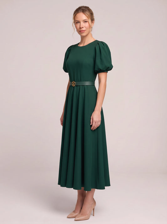 Robe midi Bomante à manches bouffantes et ceinture – Élégante robe midi trapèze pour femme, tenue formelle, cocktail ou invitée à un mariage
