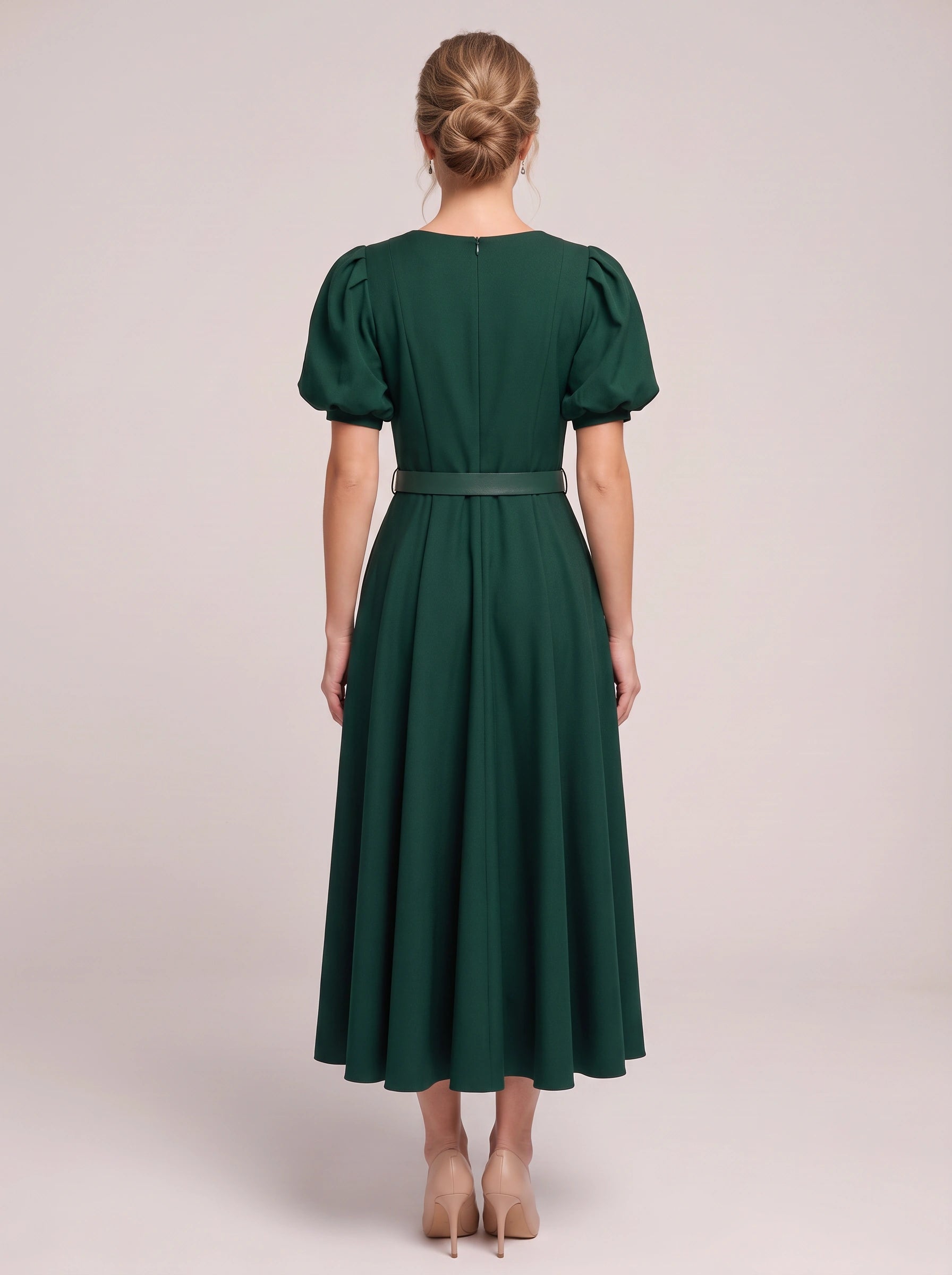 Bomante Puff Sleeve Belted Midi Dress – Women Formal Cocktail Wedding Guest Elegant A-Line Midi Dress