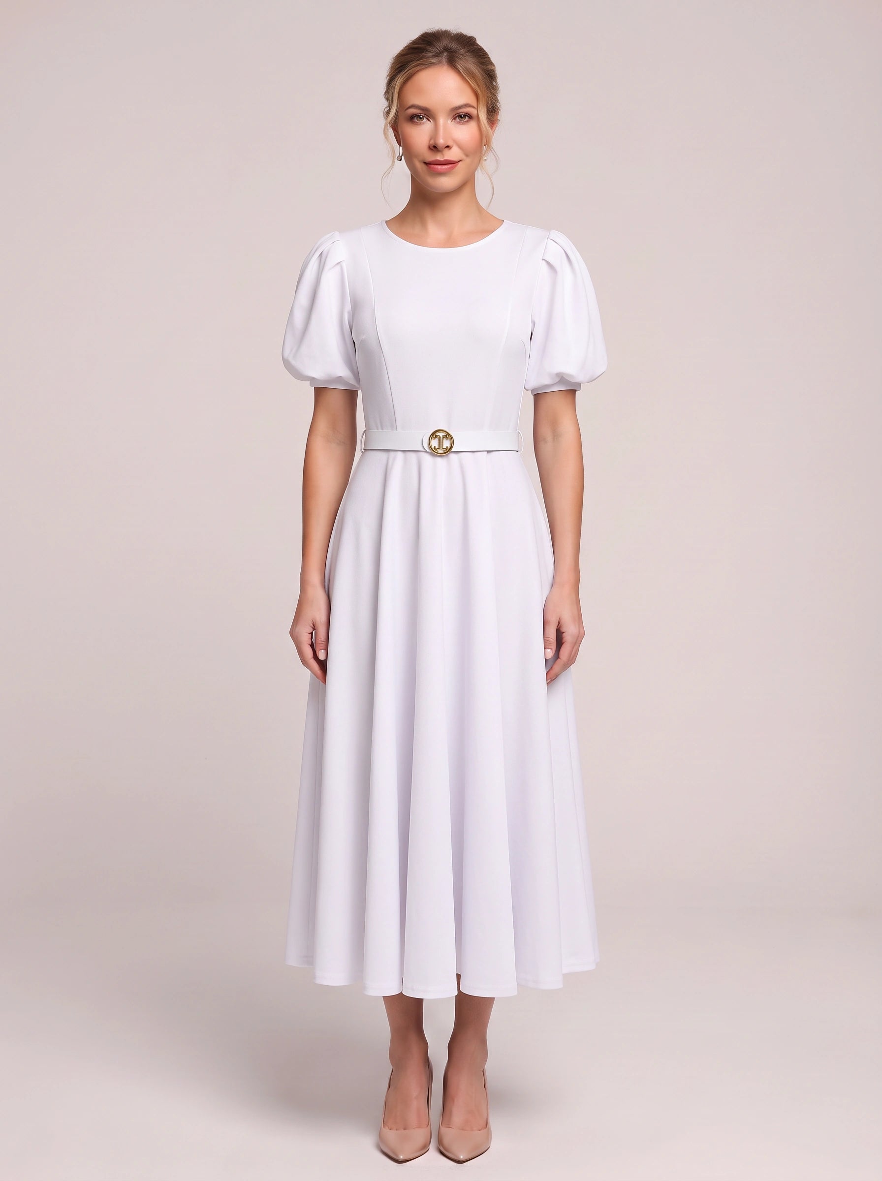 Bomante Puff Sleeve Belted Midi Dress – Women Formal Cocktail Wedding Guest Elegant A-Line Midi Dress