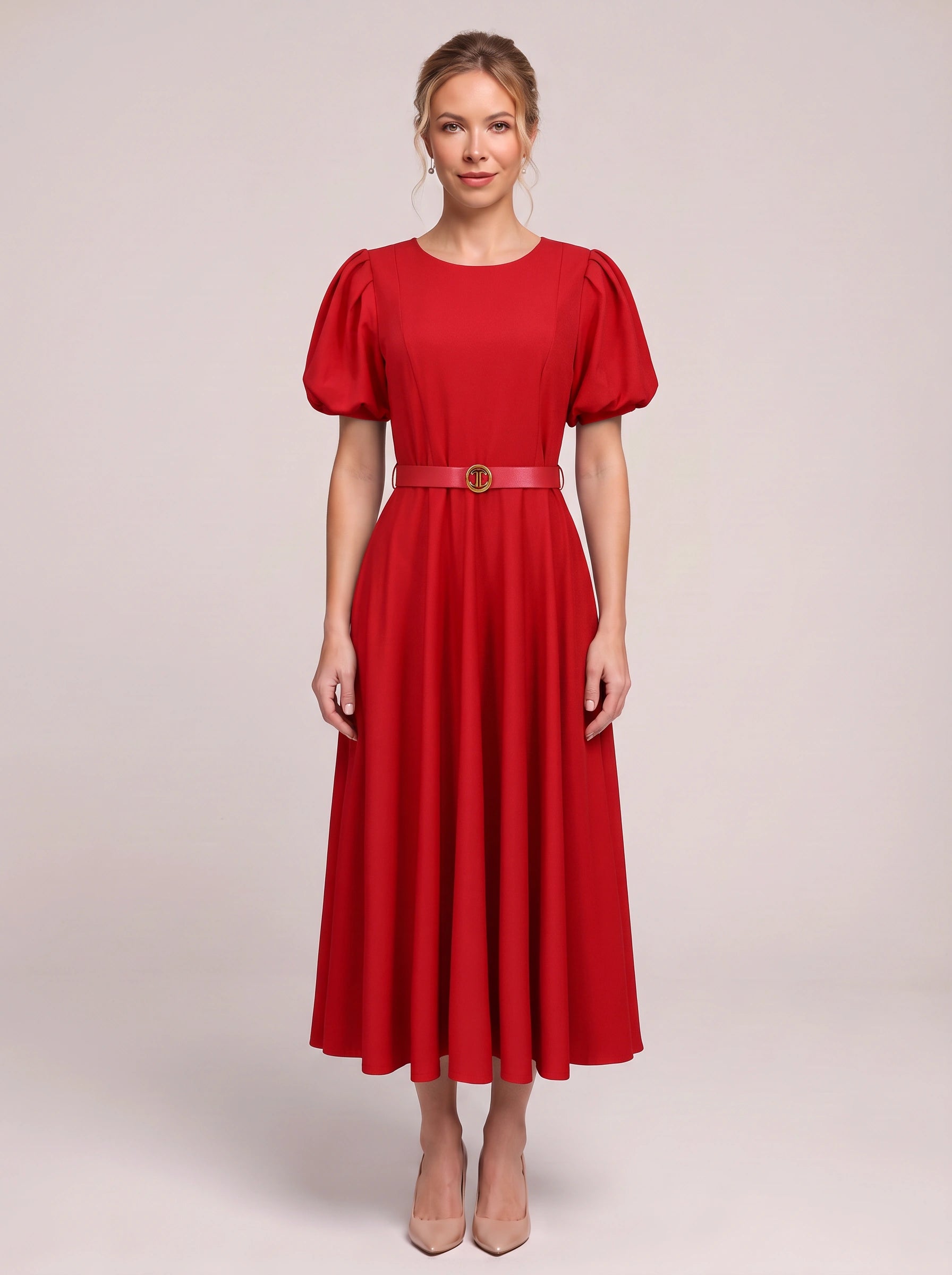 Bomante Puff Sleeve Belted Midi Dress – Women Formal Cocktail Wedding Guest Elegant A-Line Midi Dress