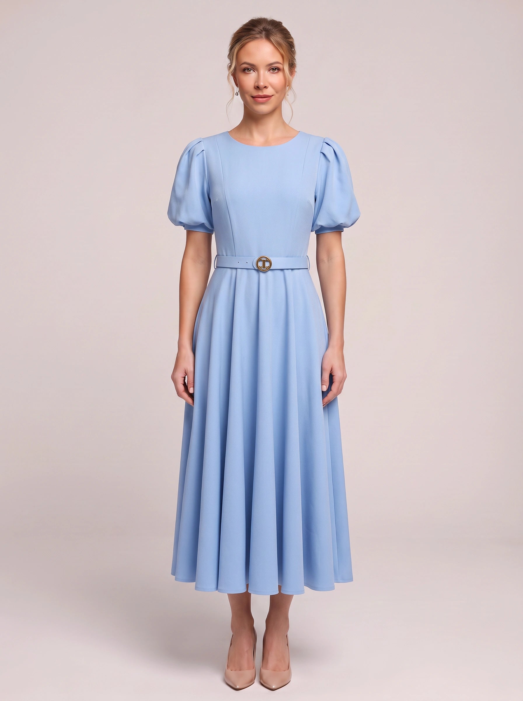 Bomante Puff Sleeve Belted Midi Dress – Women Formal Cocktail Wedding Guest Elegant A-Line Midi Dress