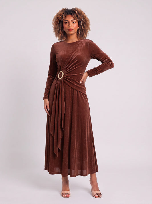 Robe longue Ondella drapée à boucle – Robe longue à manches longues, scintillante et brillante, pour femme, tenue formelle de soirée ou invitée à un mariage