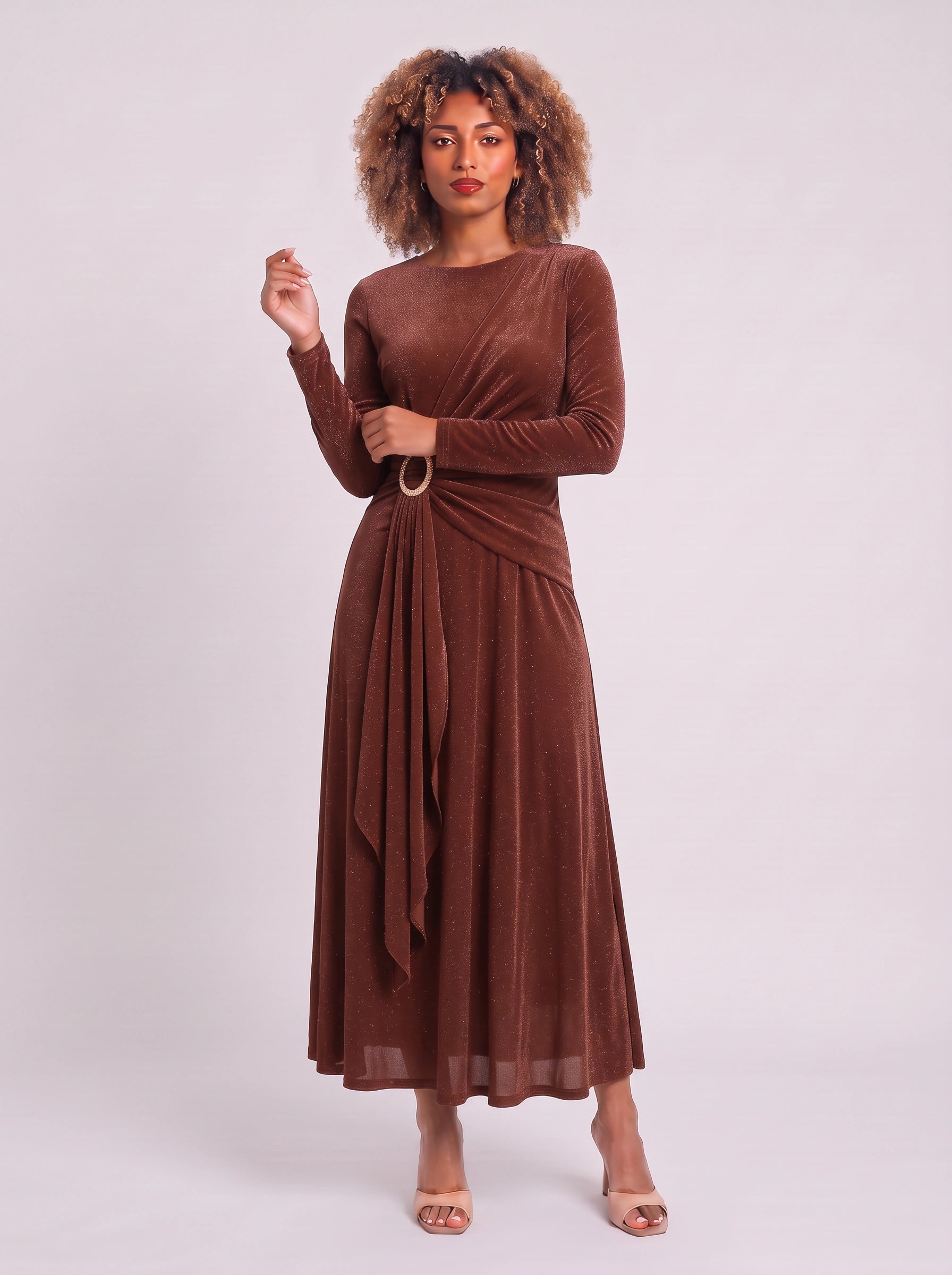 Robe longue Ondella drapée à boucle – Robe longue à manches longues, scintillante et brillante, pour femme, tenue formelle de soirée ou invitée à un mariage