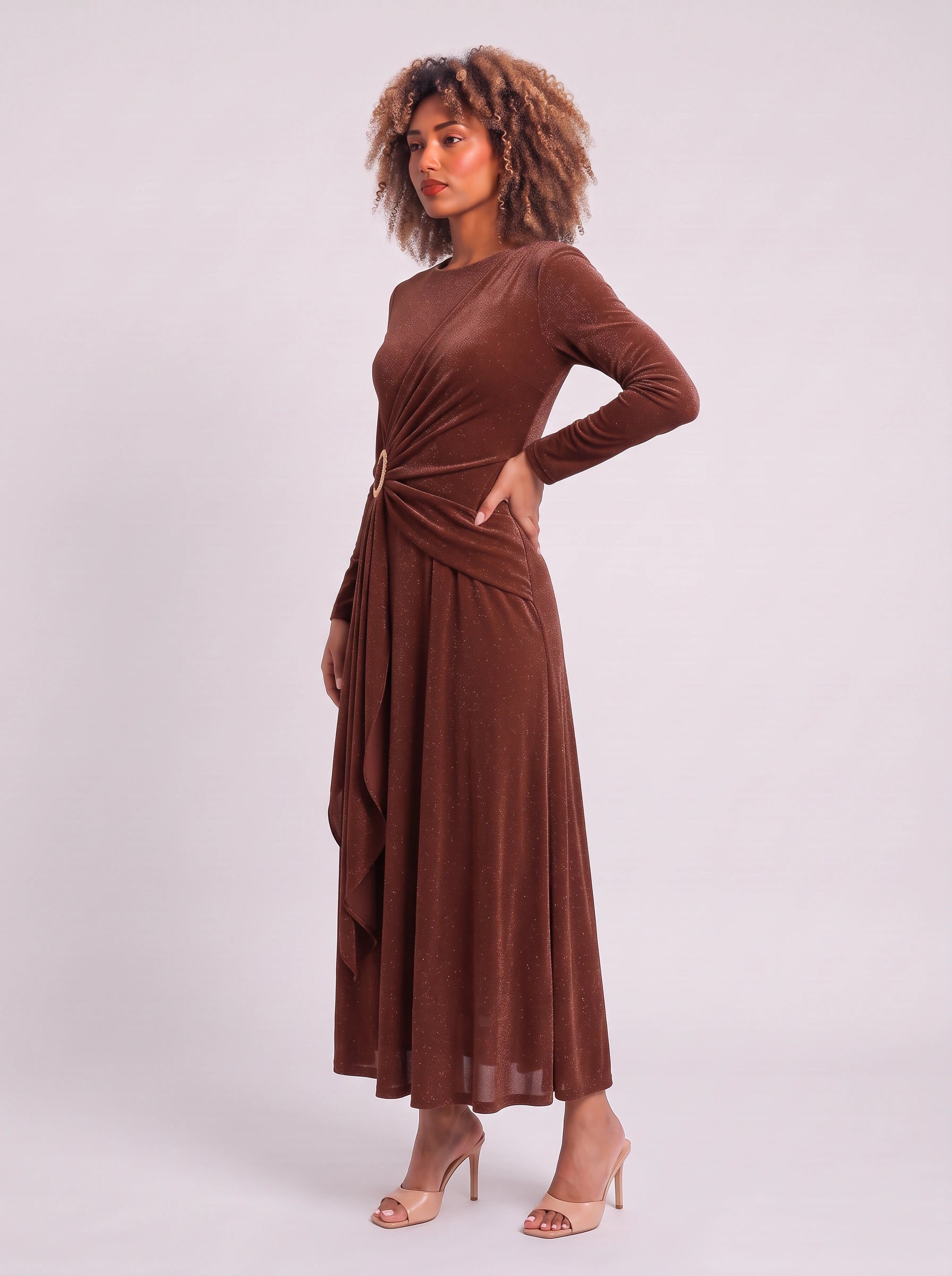 Robe longue Ondella drapée à boucle – Robe longue à manches longues, scintillante et brillante, pour femme, tenue formelle de soirée ou invitée à un mariage