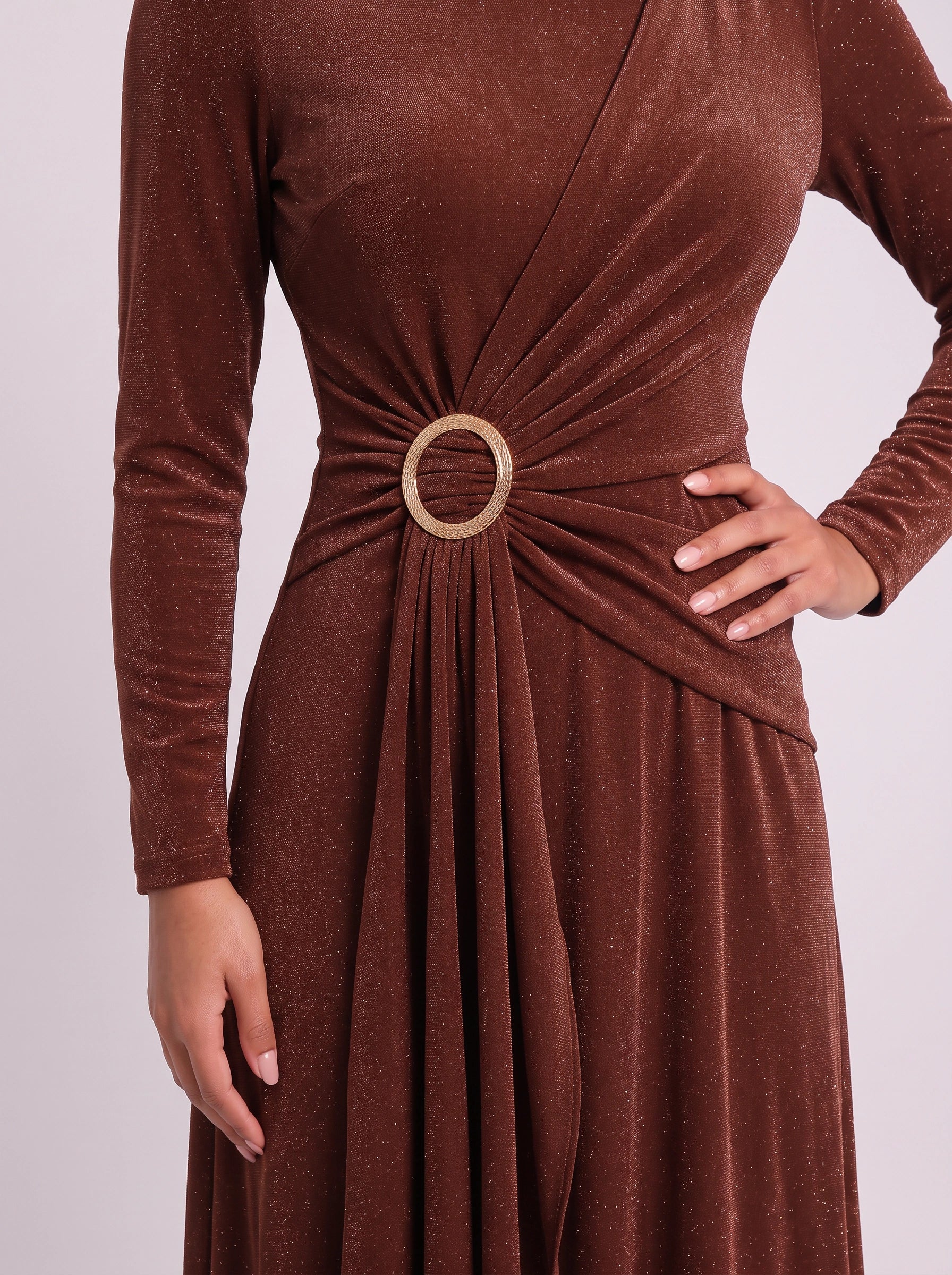 Robe longue Ondella drapée à boucle – Robe longue à manches longues, scintillante et brillante, pour femme, tenue formelle de soirée ou invitée à un mariage