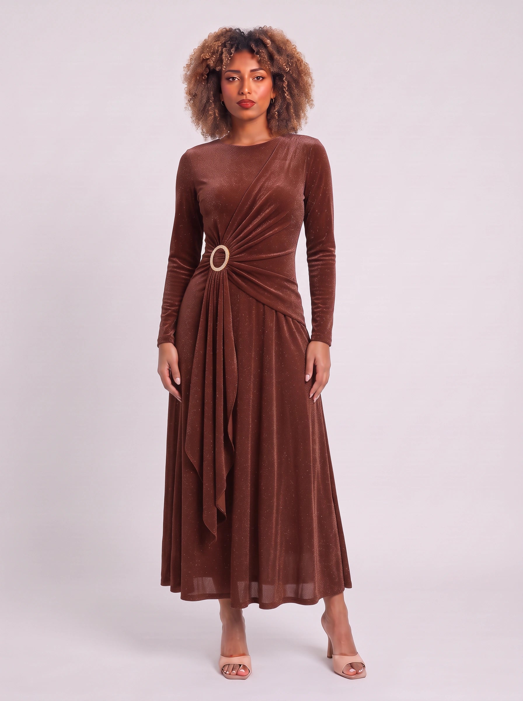 Robe longue Ondella drapée à boucle – Robe longue à manches longues, scintillante et brillante, pour femme, tenue formelle de soirée ou invitée à un mariage