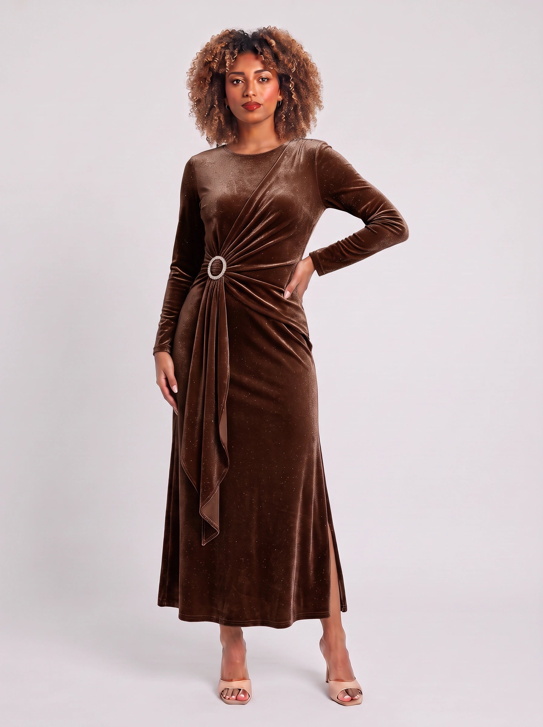 Robe longue Ondella drapée à boucle – Robe longue à manches longues, scintillante et brillante, pour femme, tenue formelle de soirée ou invitée à un mariage