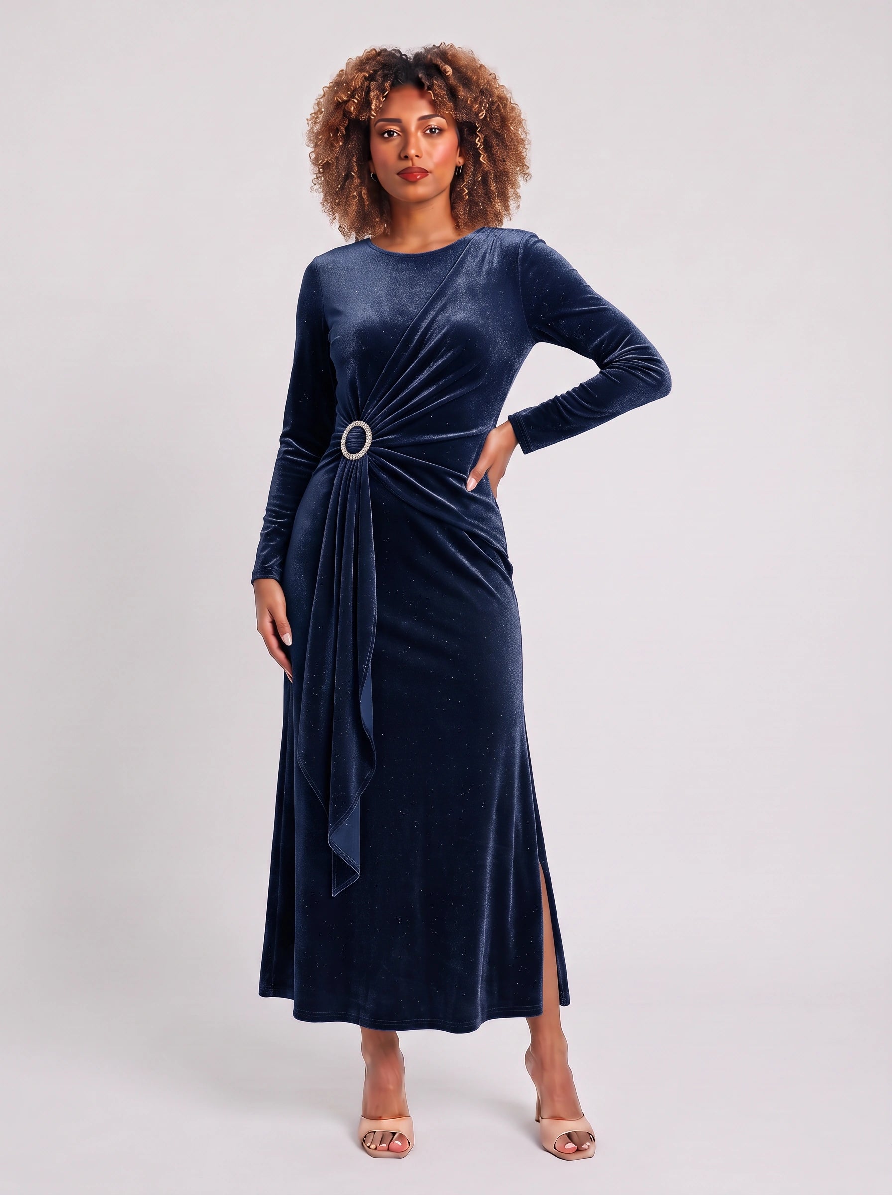 Robe longue Ondella drapée à boucle – Robe longue à manches longues, scintillante et brillante, pour femme, tenue formelle de soirée ou invitée à un mariage